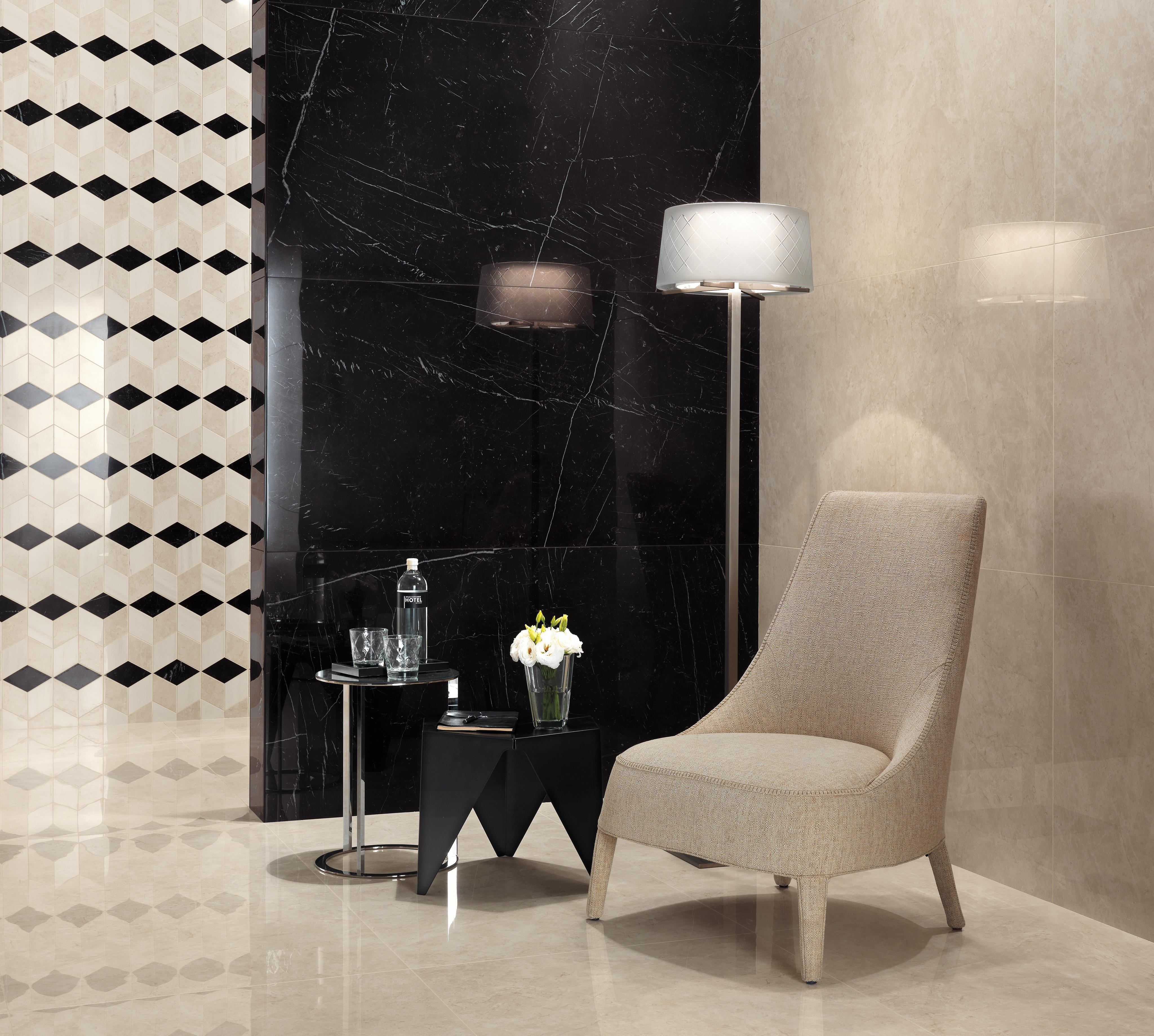 Marvel Cream Prestige Lappato, Marvel Nero Marquina Lappato, Marvel Mosaico Esagono Geo Warm Lappato