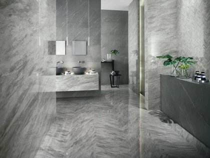 Elegant Gray Herringbone Floor in Bathroom