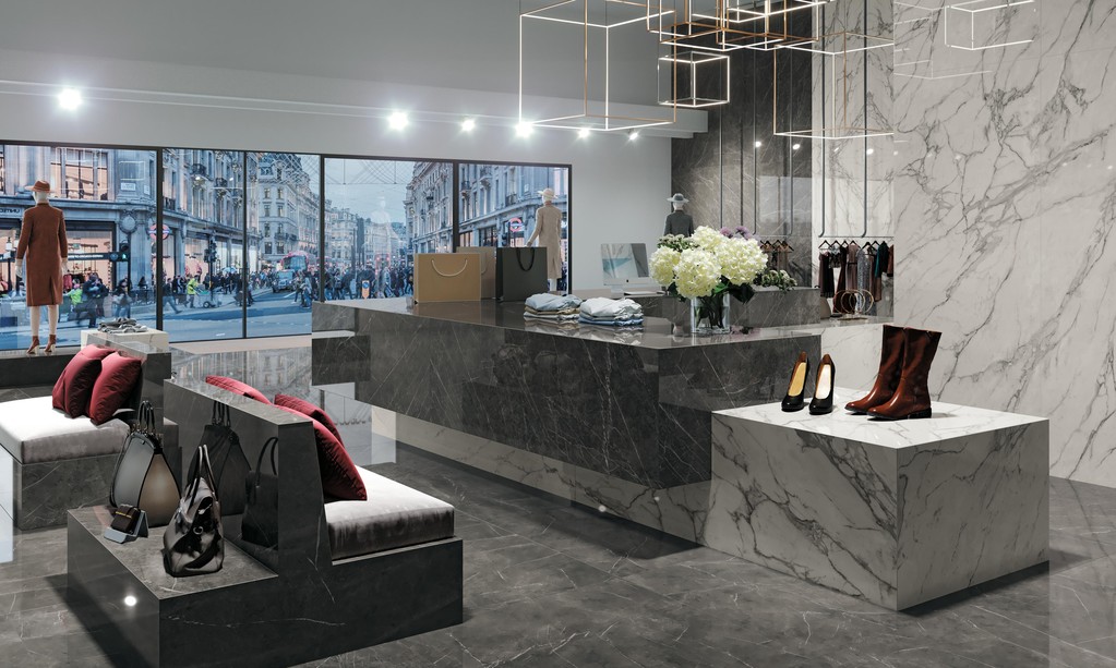 Piastrelle grande formato Showroom Effetto marmo Grigio