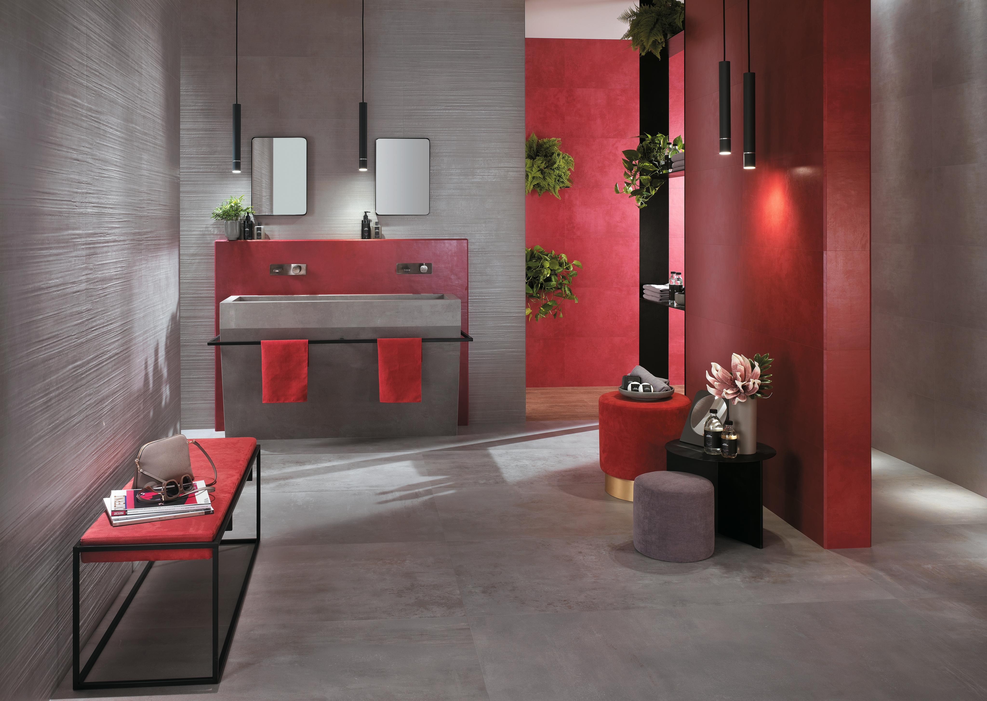 Une salle de bain d'effets de matières et de couleurs