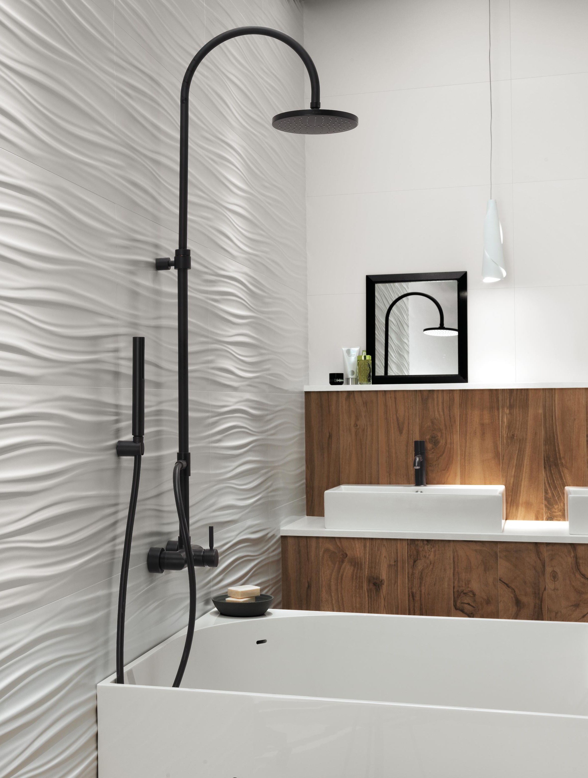 3D Wall Ribbon White Matt, Etic PRO Noce Hickory, 3D Solid White Matt