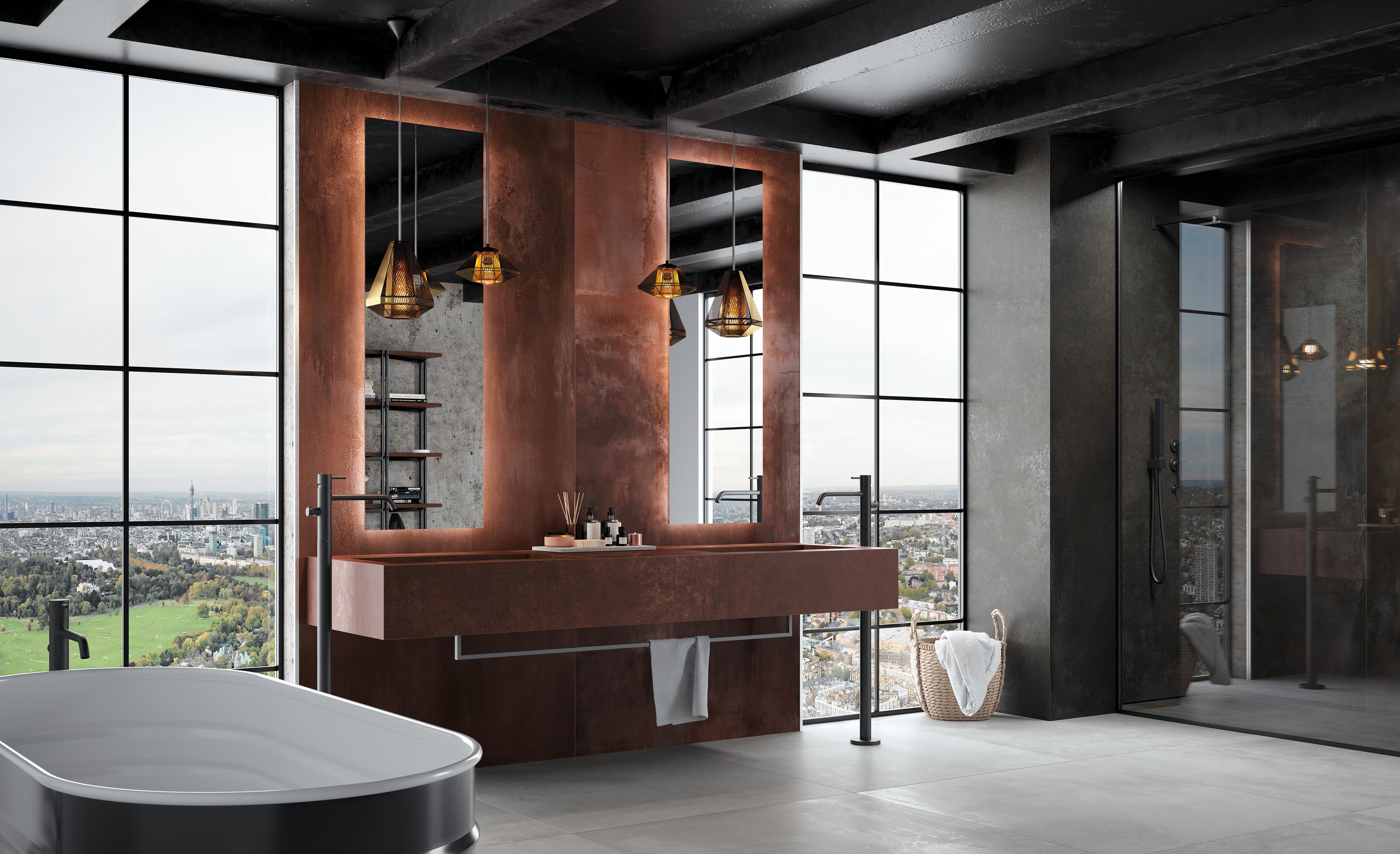 Modern bathroom with large format tiles, a black freestanding bathtub, a copper wall with sink and mirrors, and panoramic views of the city.