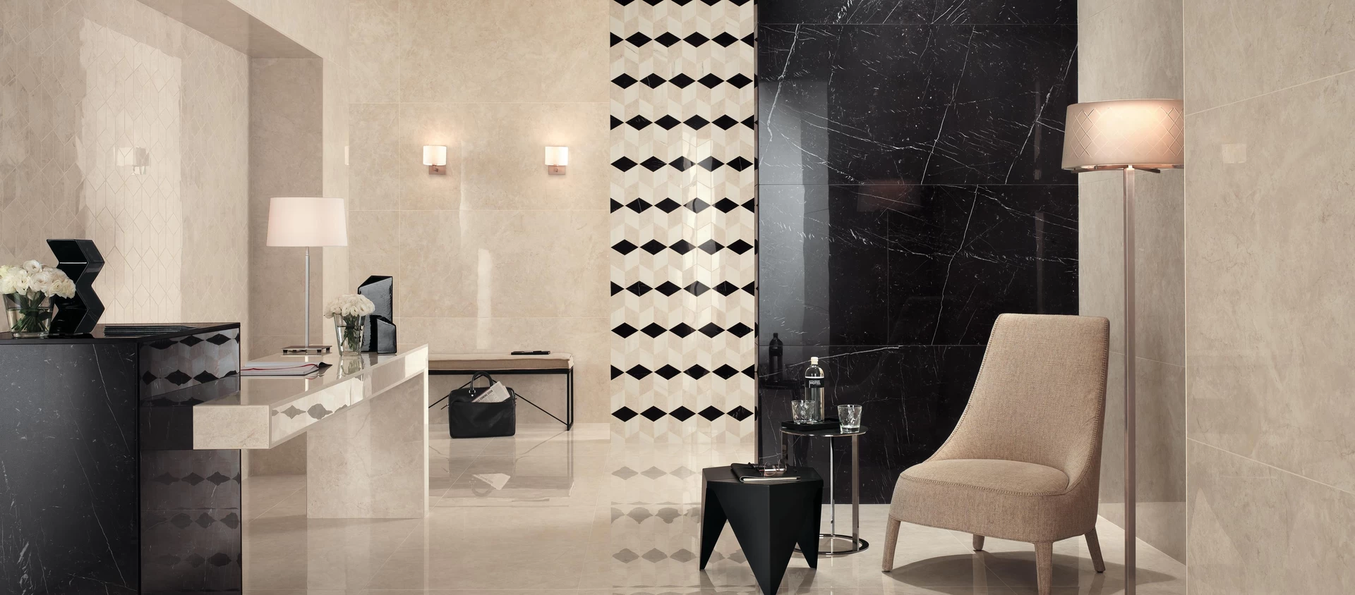 Marvel Cream Prestige Lappato, Marvel Nero Marquina Lappato, Marvel Mosaico Esagono Geo Warm Lappato, Marvel Cream Prestige Mosaico Esagono Lappato