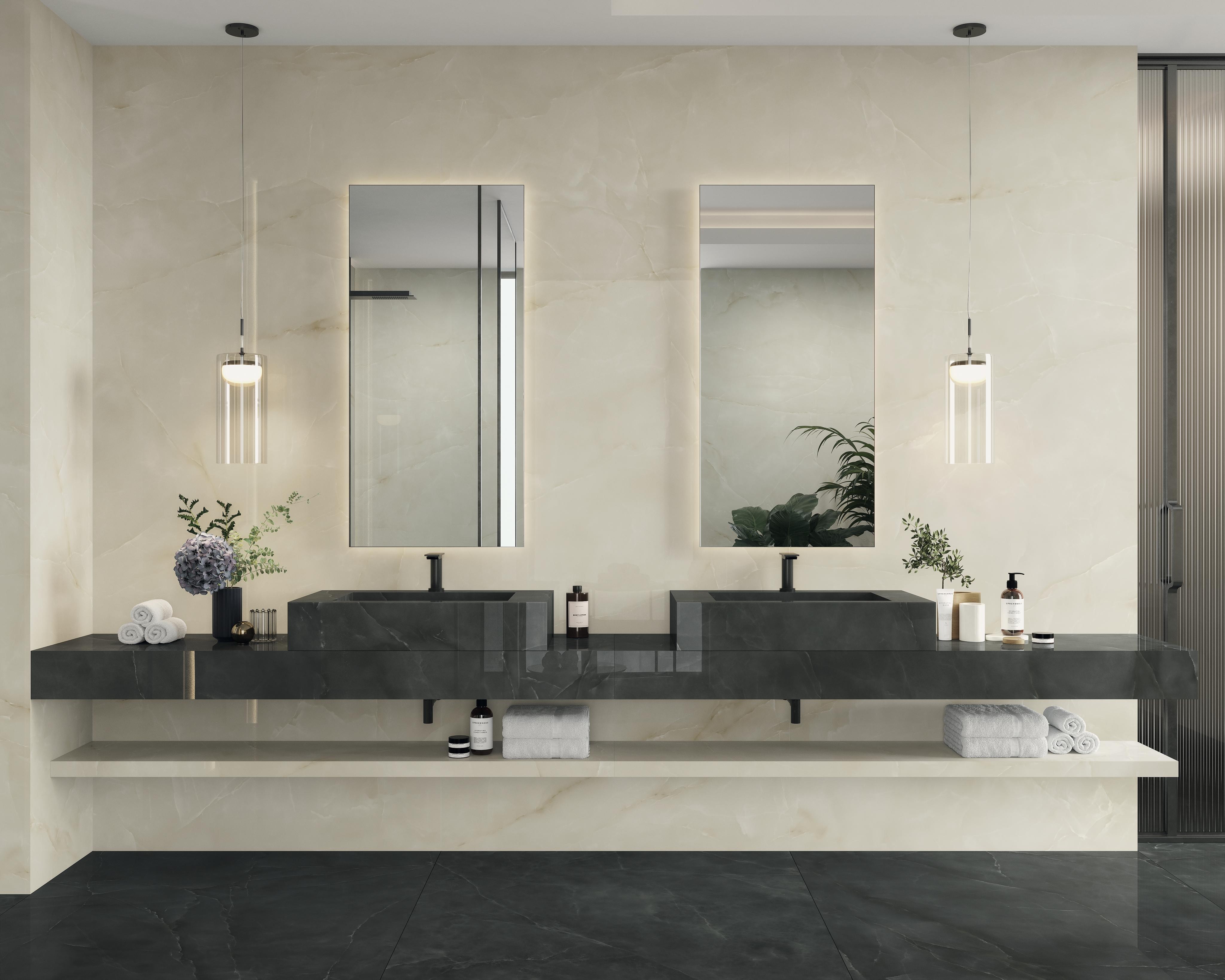 Piastrelle grande formato Bagno Effetto onice Nero