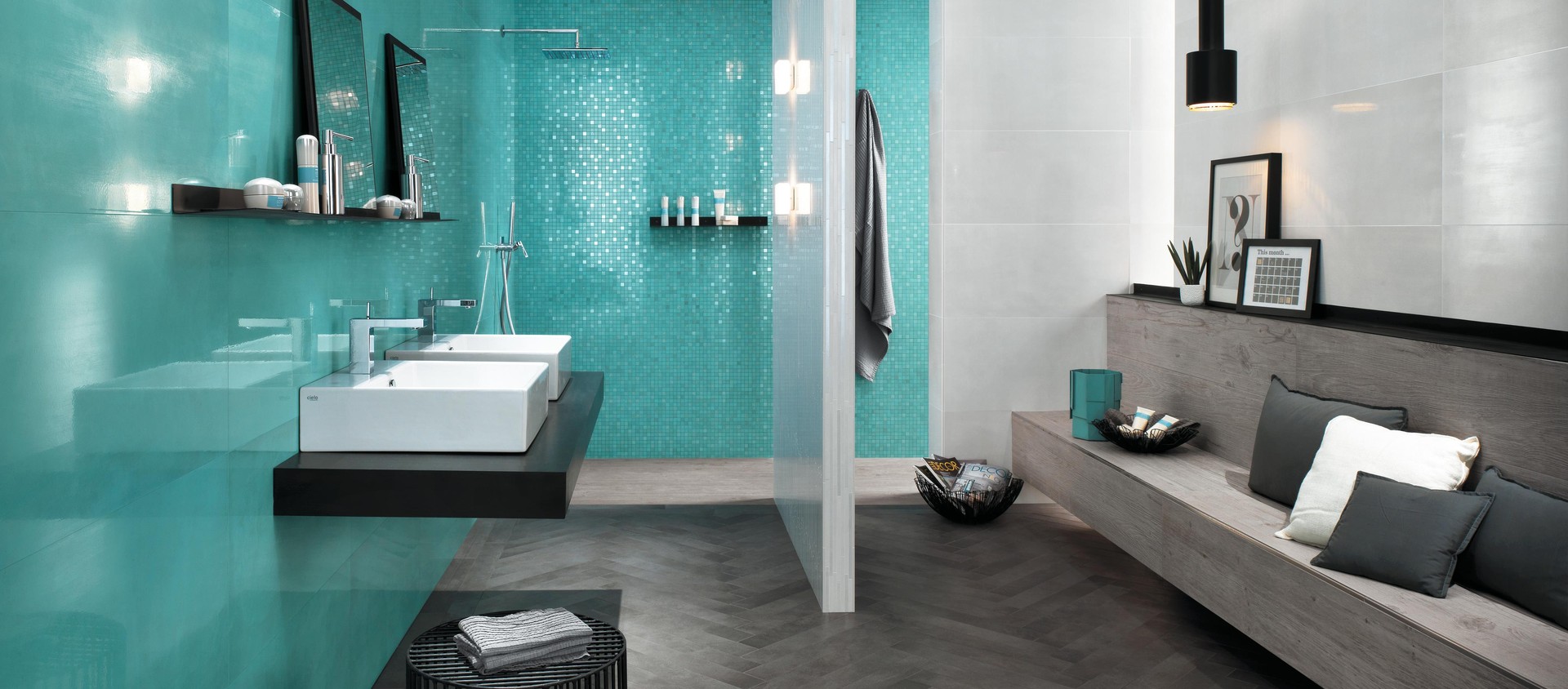 Dwell Turquoise, Dwell Ice, Dwell Turquoise Mosaico Q, Dwell Ice Mosaico L, Dwell Smoke Listello, Axi Silver Fir
