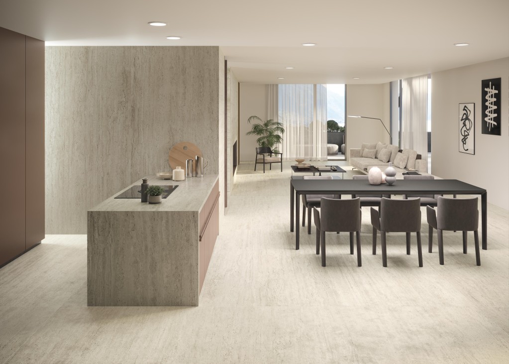 Piastrelle grande formato Cucina Effetto travertino Bianco