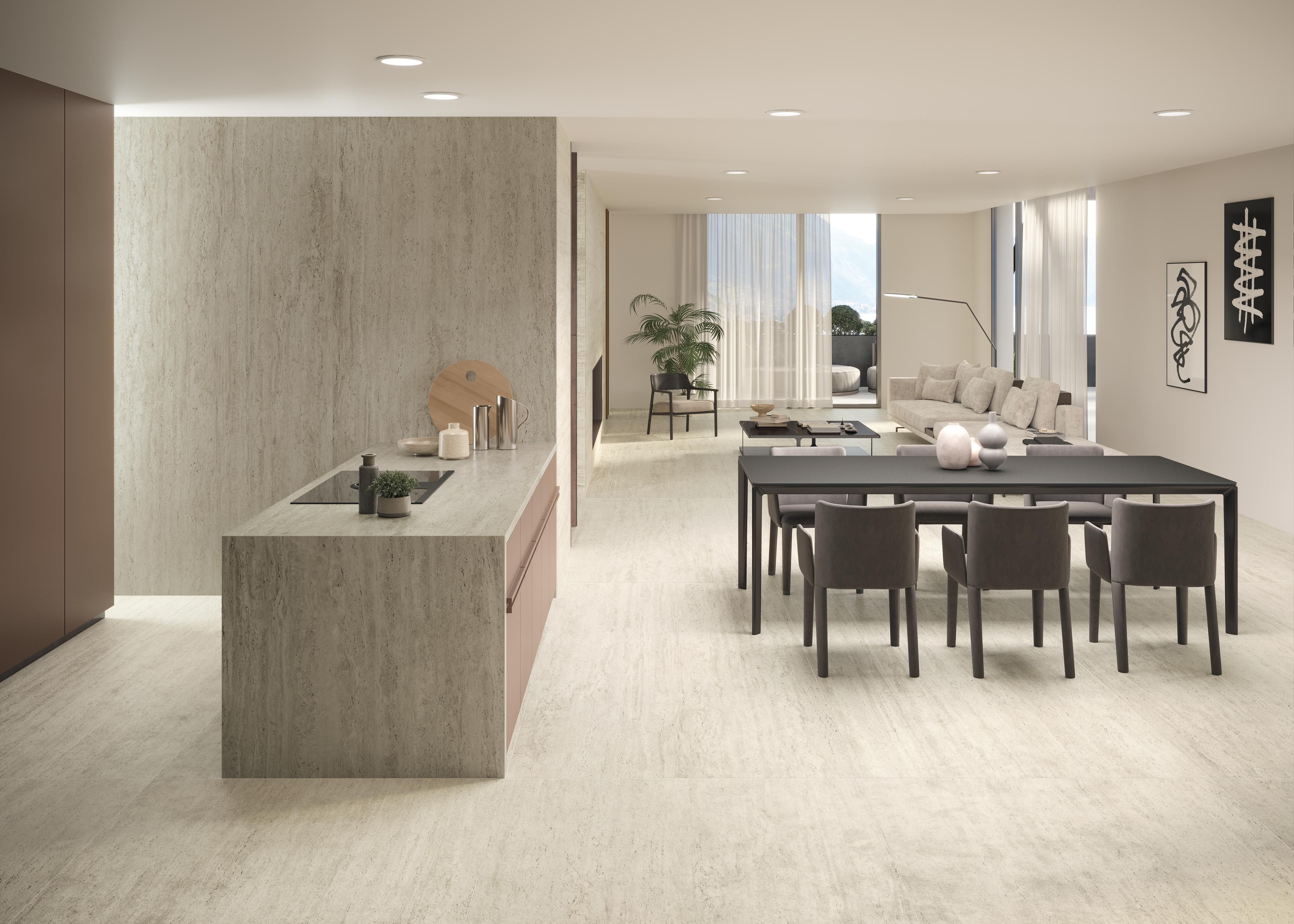 Piastrelle grande formato Cucina Effetto travertino Bianco