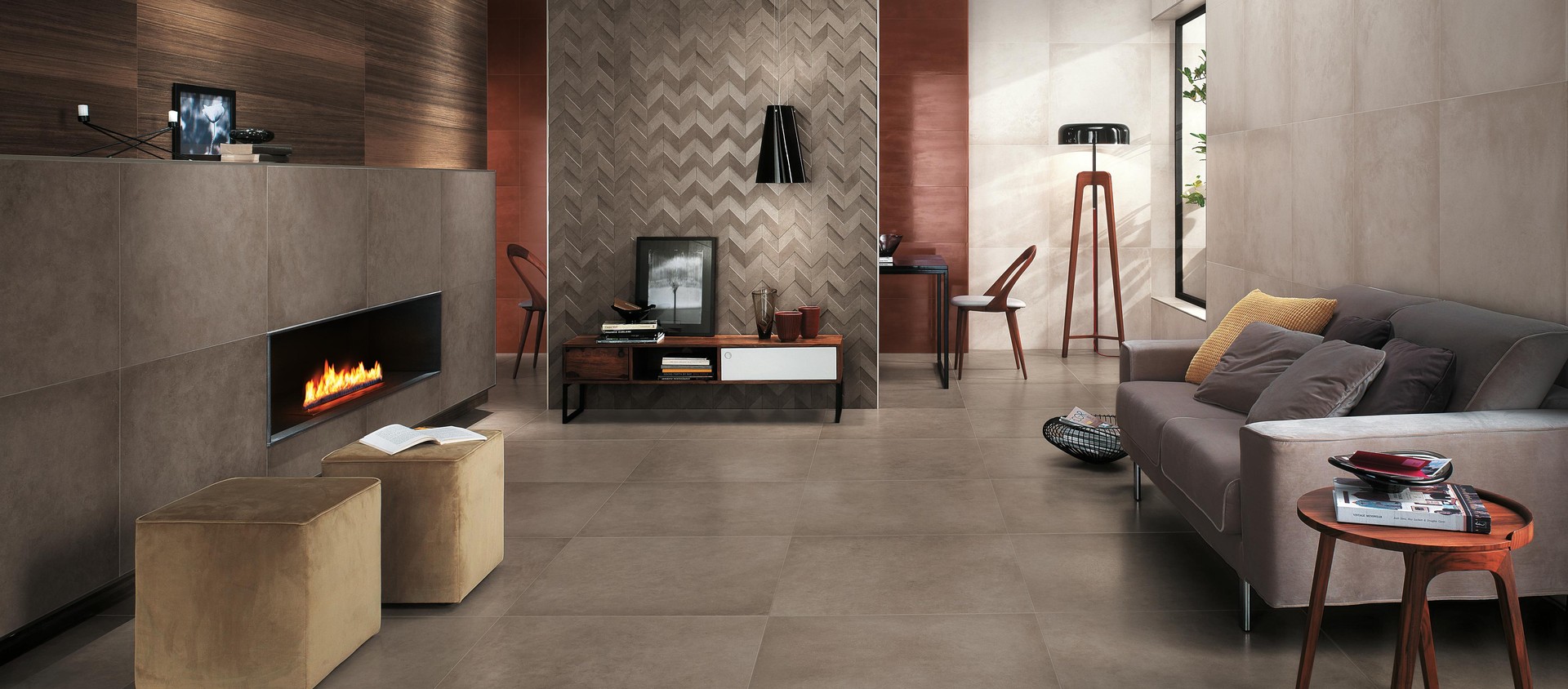 Dwell Rust, Dwell Greige, Dwell Off White, Dwell Greige Chevron 3D, Etic Eucalipto Smoked 25x150 cm