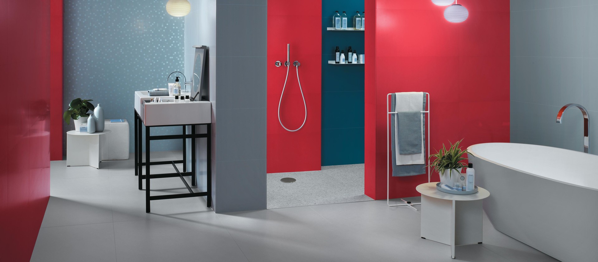 Sky 40x80, Red 40x80, Blue 40x80, Sky Mosaico Q 30,5x30,5, White Matte 75x150, Marvel Gems Terrazzo White Matte 60x60