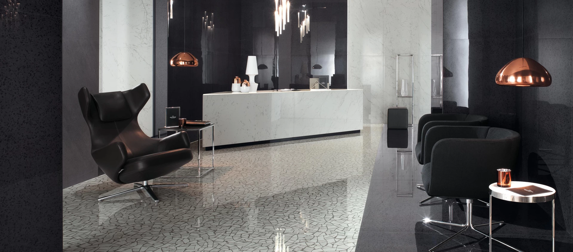 Marvel Palladiana Carrara, Marvel Terrazzo Black, Marvel Carrara Pure, Marvel Basaltina Volcano