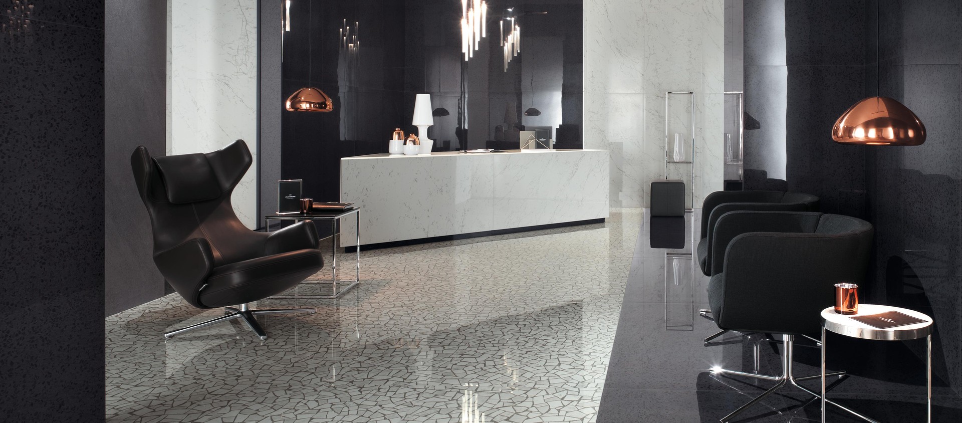 Marvel Palladiana Carrara, Marvel Terrazzo Black, Marvel Carrara Pure, Marvel Basaltina Volcano