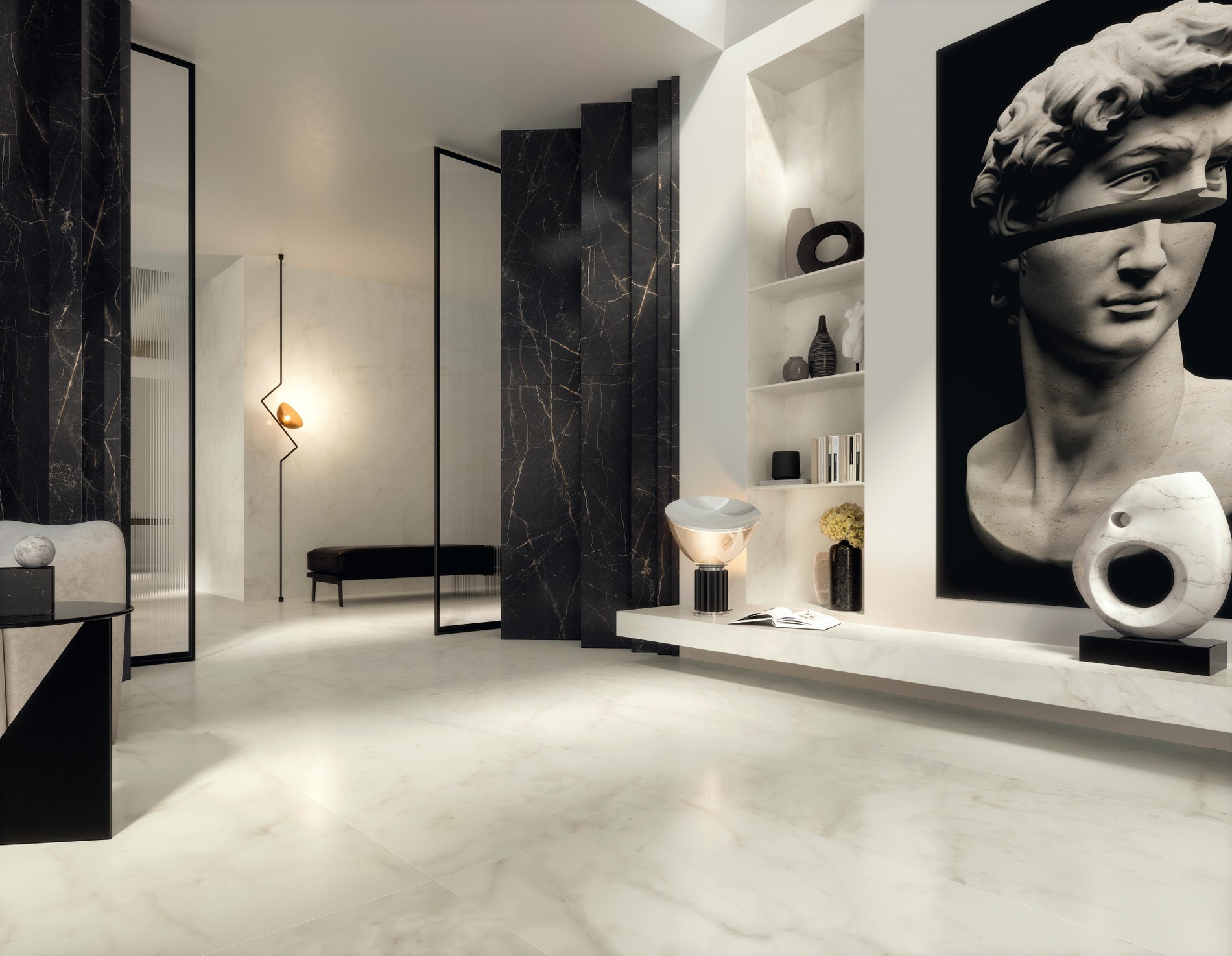 Modern interior design of room with stone tiles, seamless design, luxurious  interior background Stock Photo - Alamy