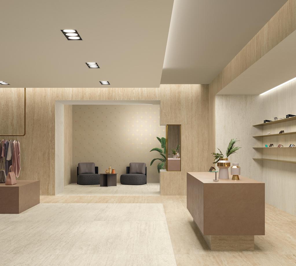 Piastrelle grande formato Showroom Effetto travertino Bianco