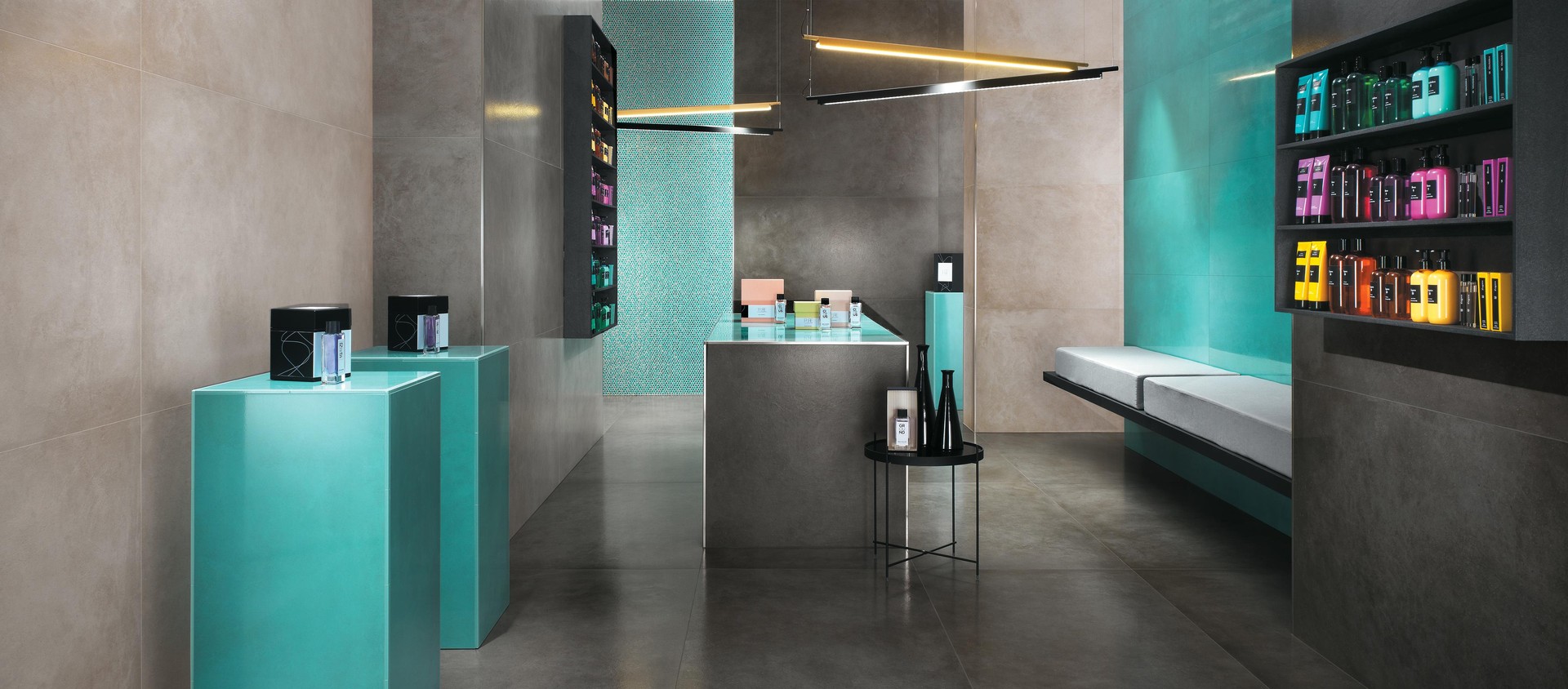 Dwell Turquoise, Dwell Turquoise Hexagon Gold, Dwell Smoke Honed, Dwell Gray Honed, Dwell Pearl Honed
