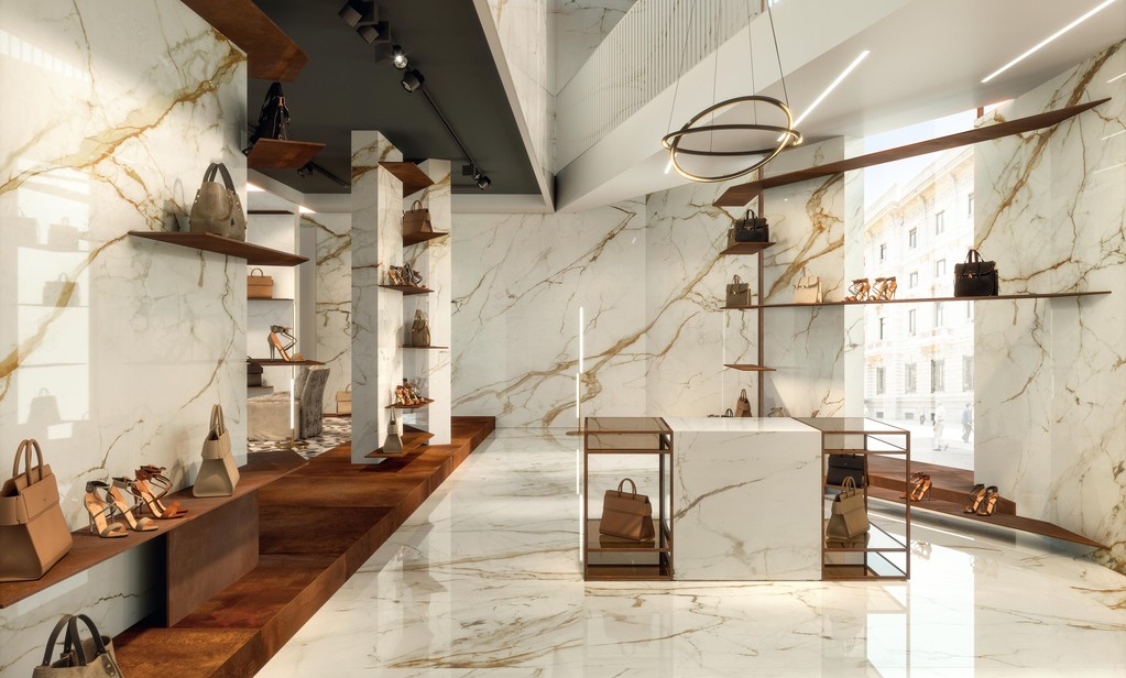 Piastrelle grande formato Showroom Effetto marmo Bianco