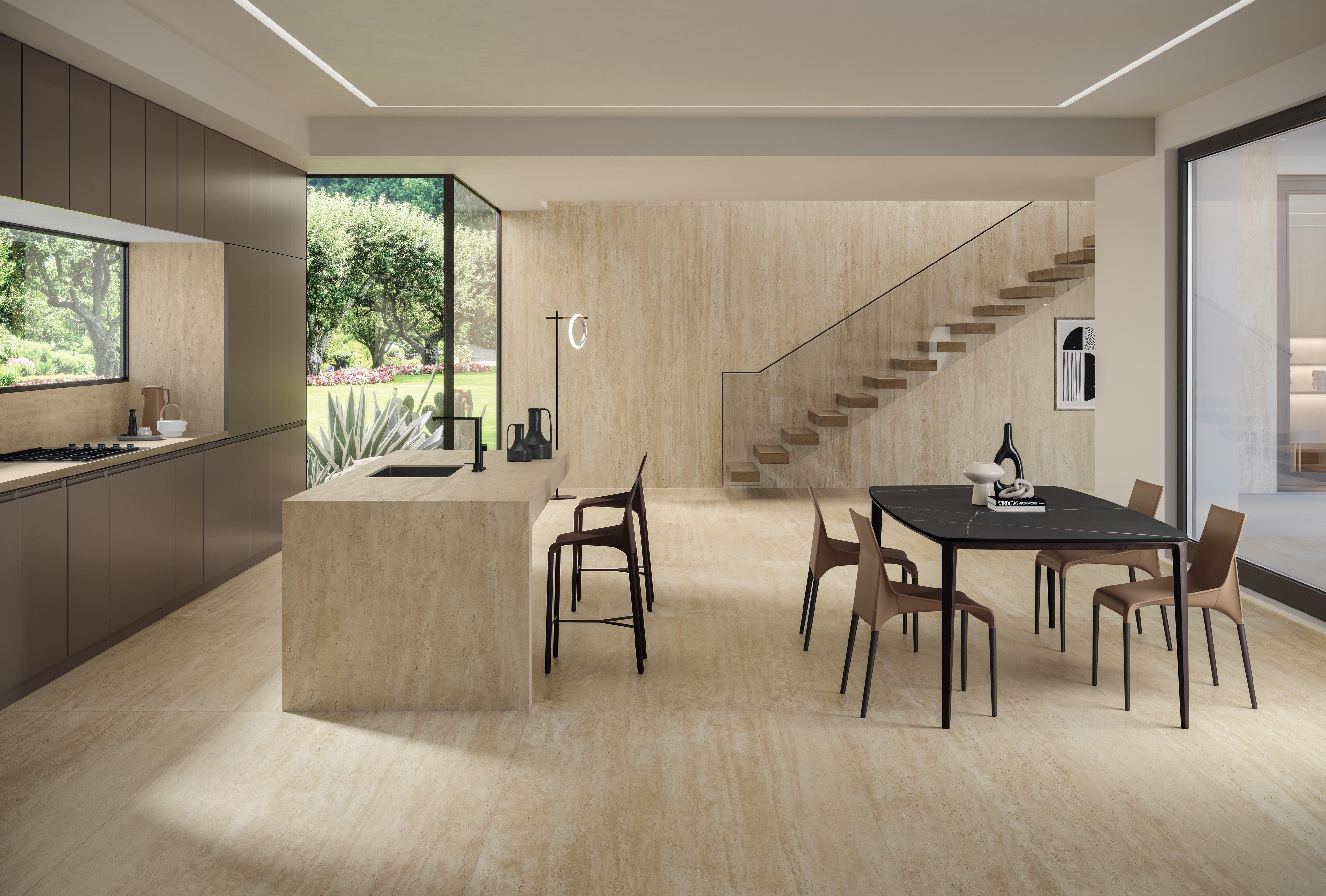 Piastrelle grande formato Cucina Effetto travertino Beige