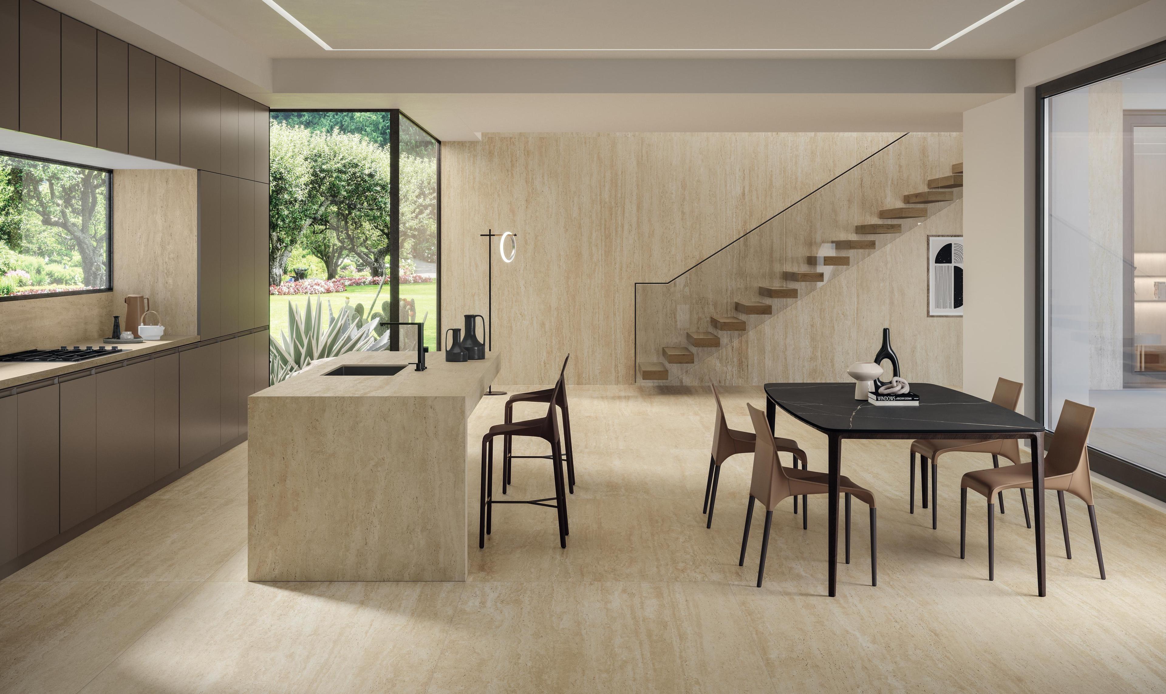 Piastrelle grande formato Cucina Effetto travertino Beige