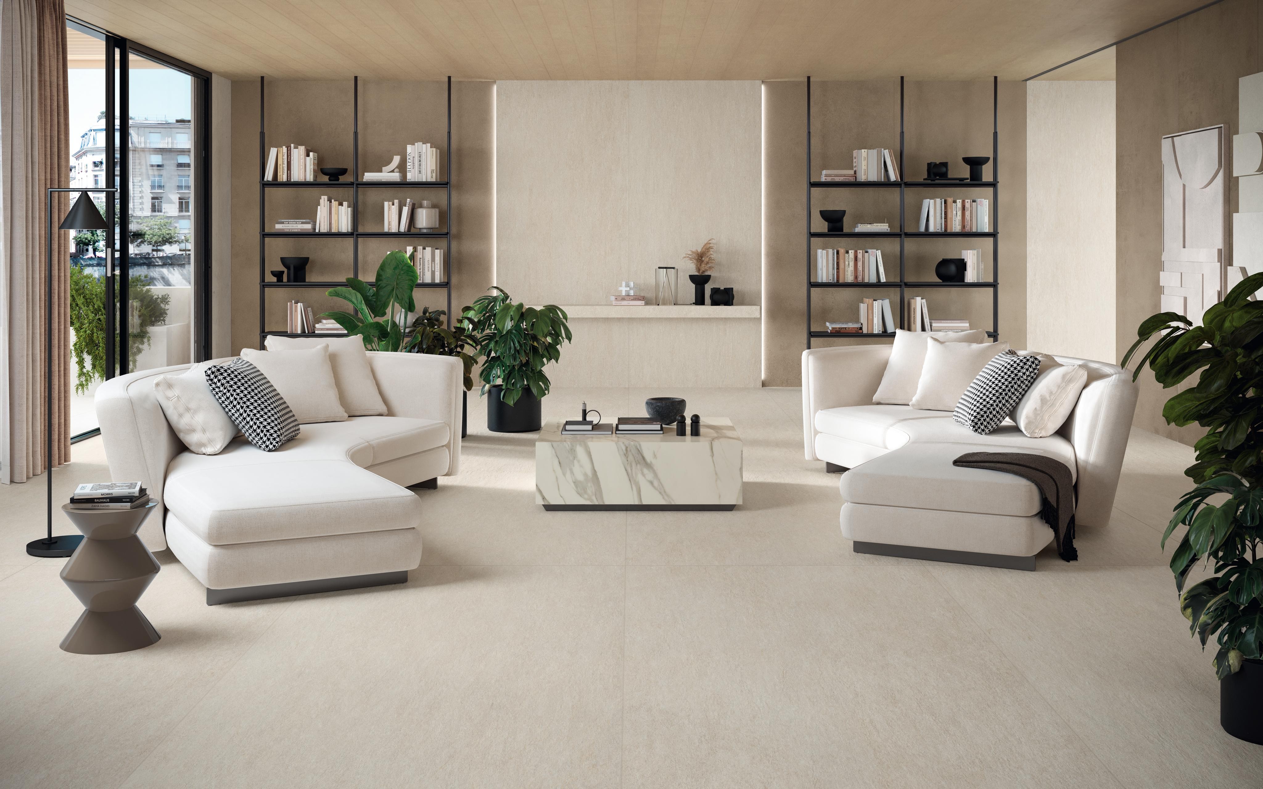 Piastrelle grande formato Soggiorno Effetto pietra Bianco