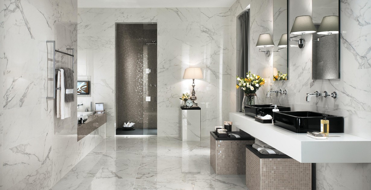 Bathroom In Calacatta Marble Effect Porcelain Tiles Atlas Concorde