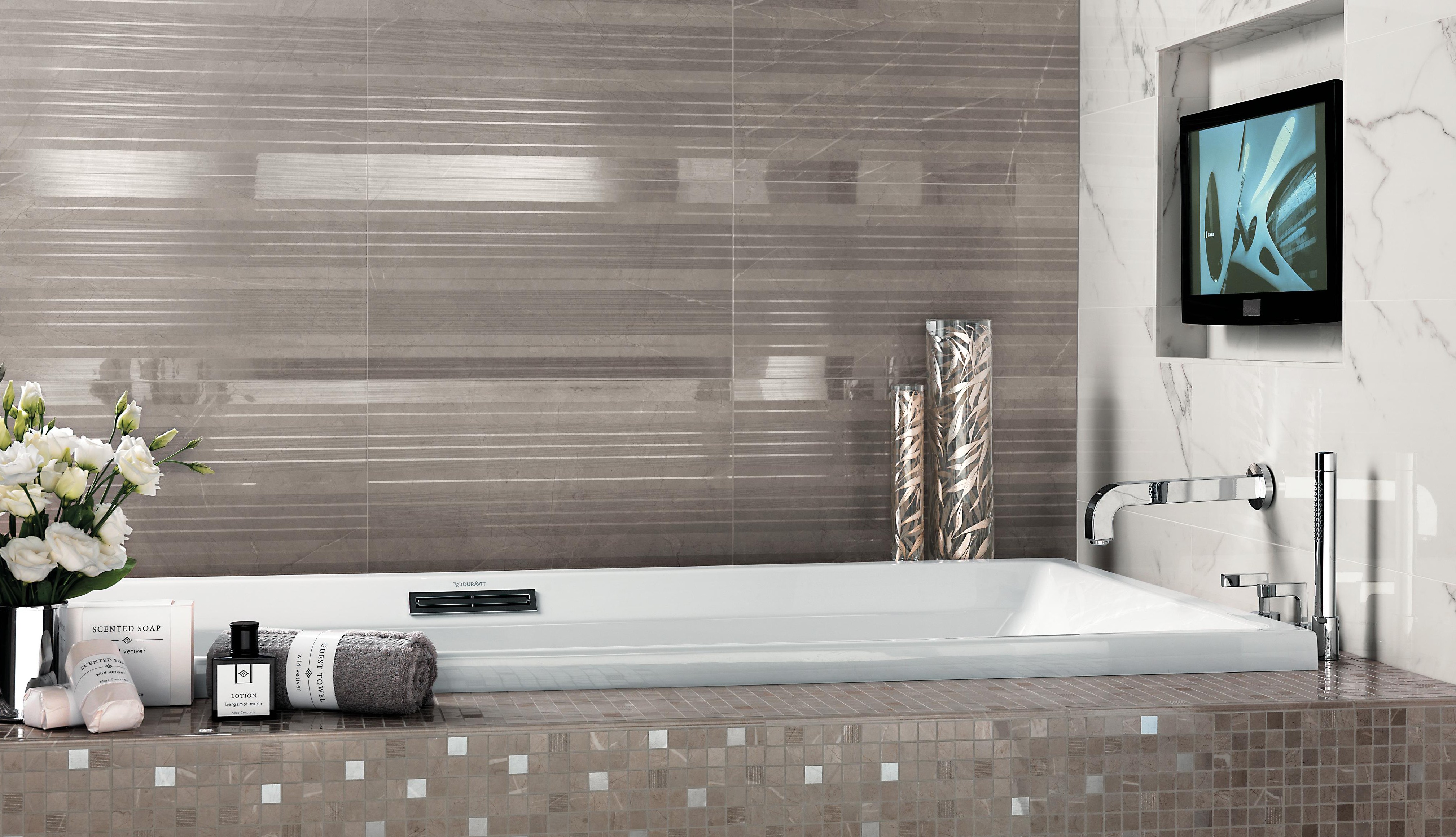 Marvel Calacatta Extra, Marvel Silver Stripe, Silver Mosaic, Marvel Spigolo