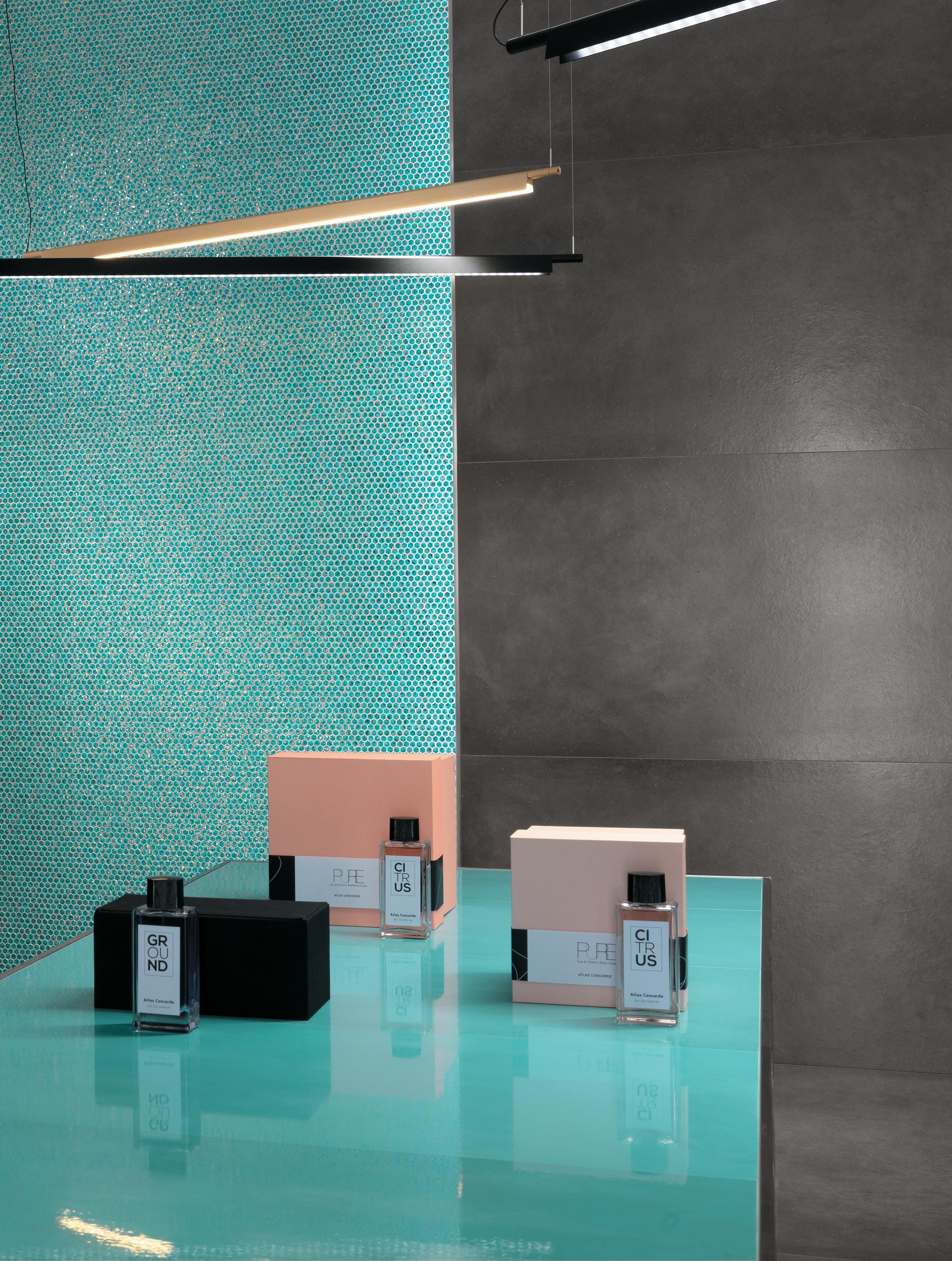 Dwell Turquoise, Dwell Turquoise Hexagon Gold, Dwell Smoke Honed, Dwell Gray Honed, Dwell Pearl Honed