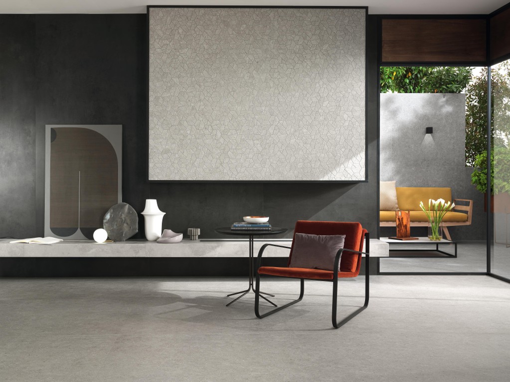 Piastrelle grande formato Soggiorno Effetto pietra Grigio
