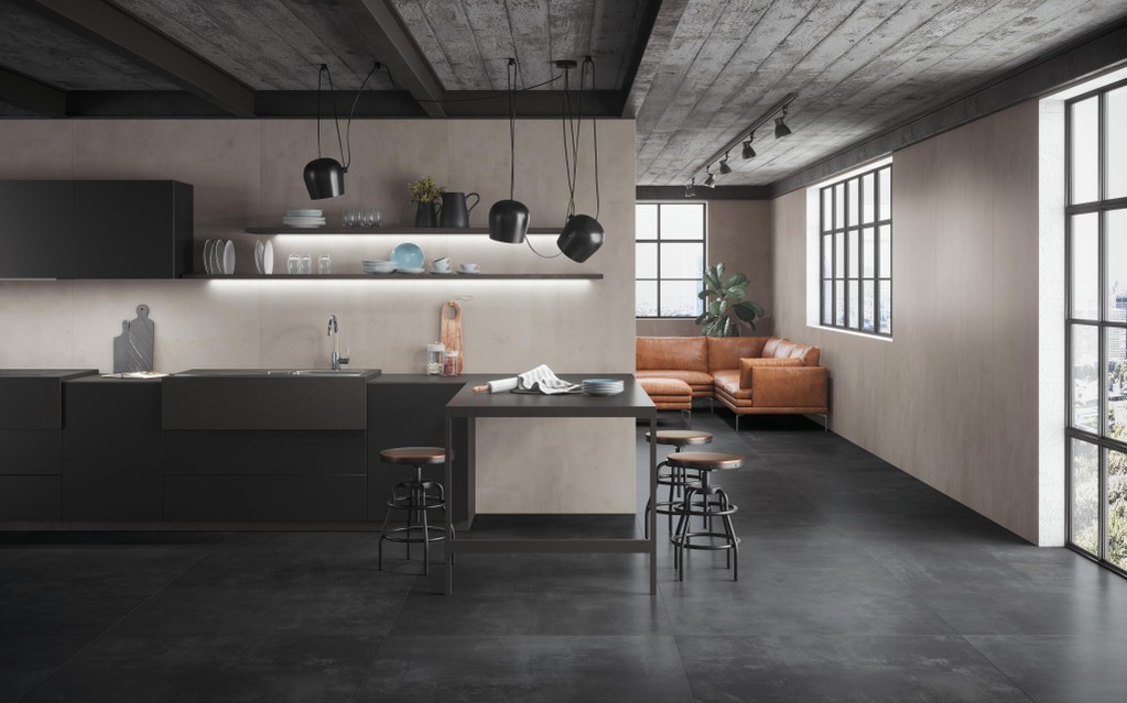 Piastrelle grande formato Cucina Effetto cemento Nero