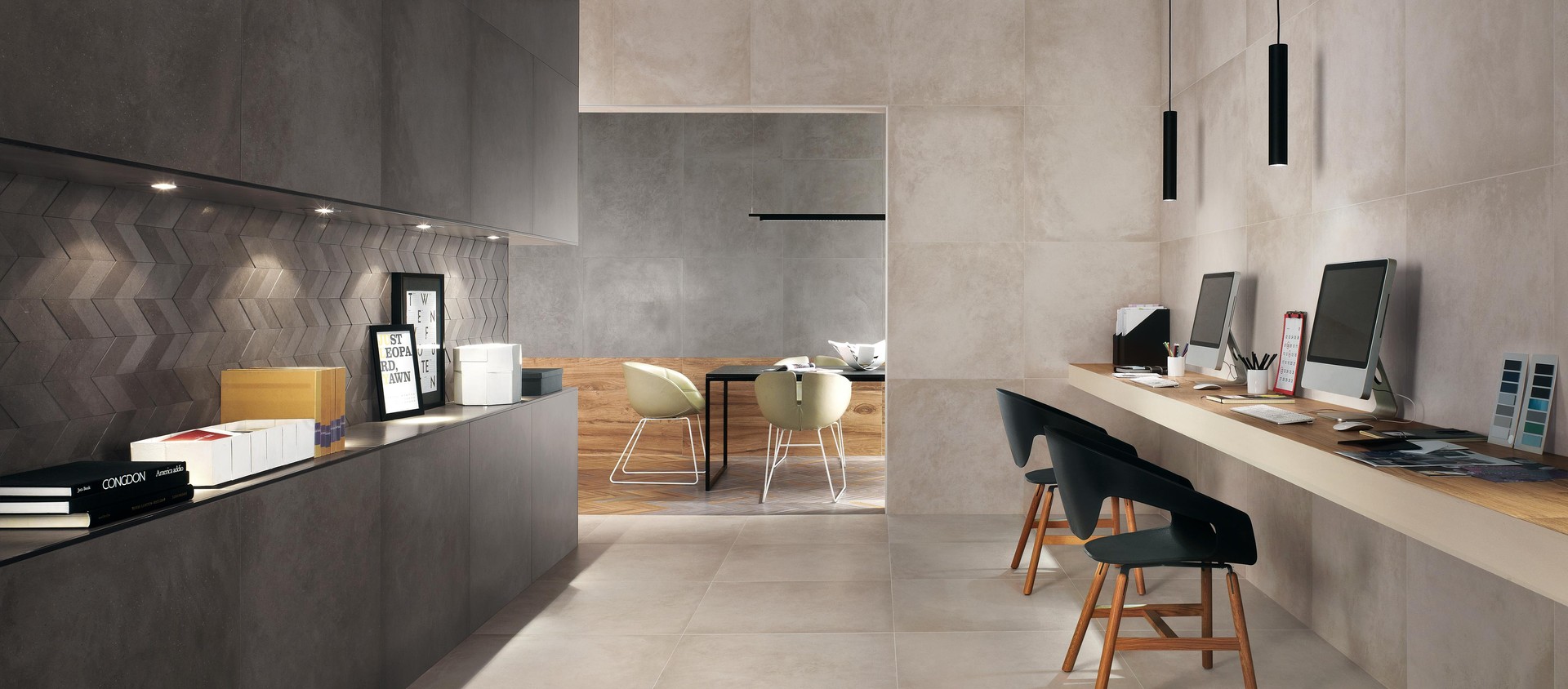 Dwell Off White, Dwell Smoke, Dwell Gray, Dwell Smoke Chevron 3D, Dwell Gray Herringbone, Etic Rovere Venice, Etic Rovere Venice Herringbone