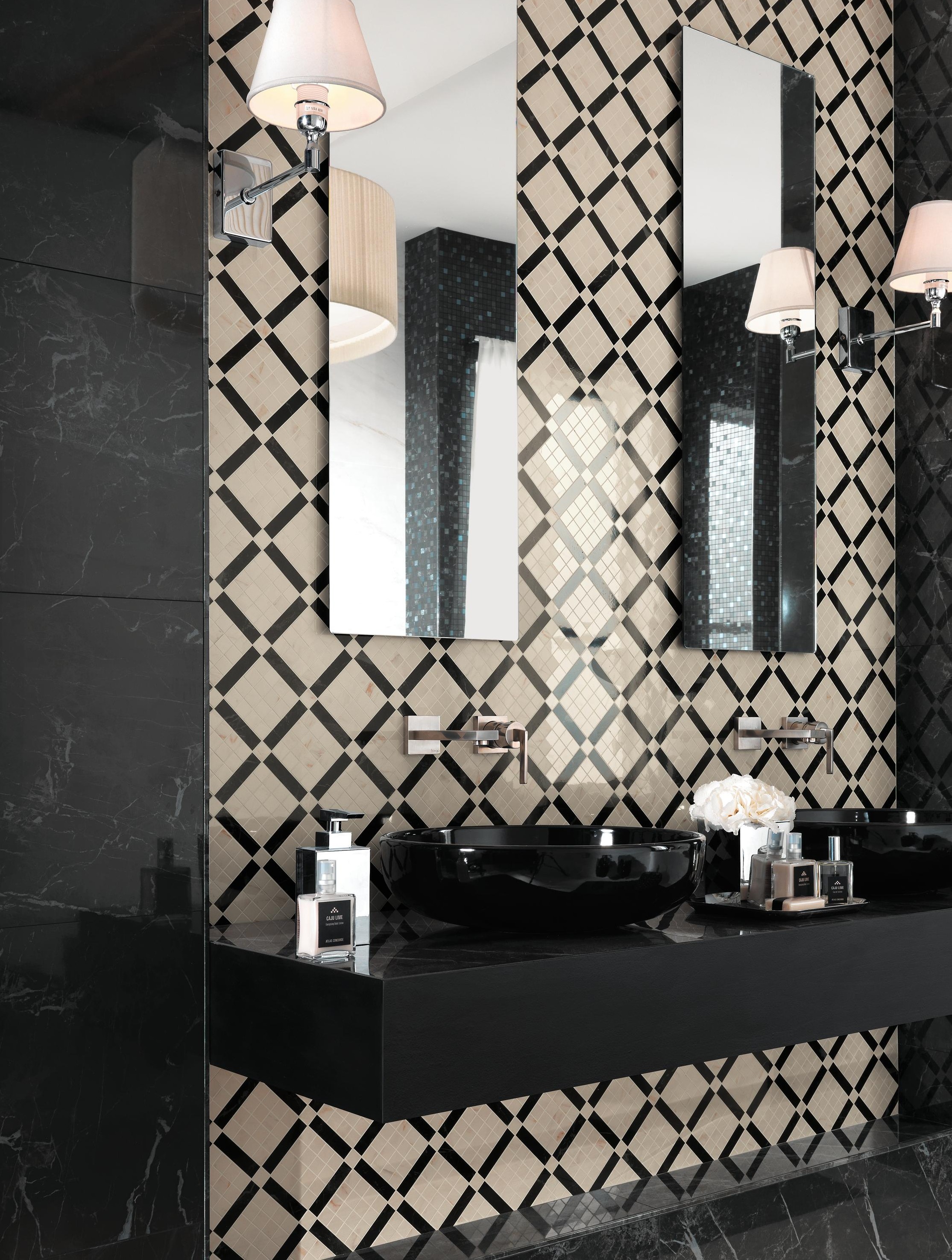 Marvel Pro Noir St. Laurent, Marvel Pro Cremo Mix Diagonal Mosaic, Marvel Pro Cremo Delicato Spigolo, Marvel Pro Noir St. Laurent Spigolo