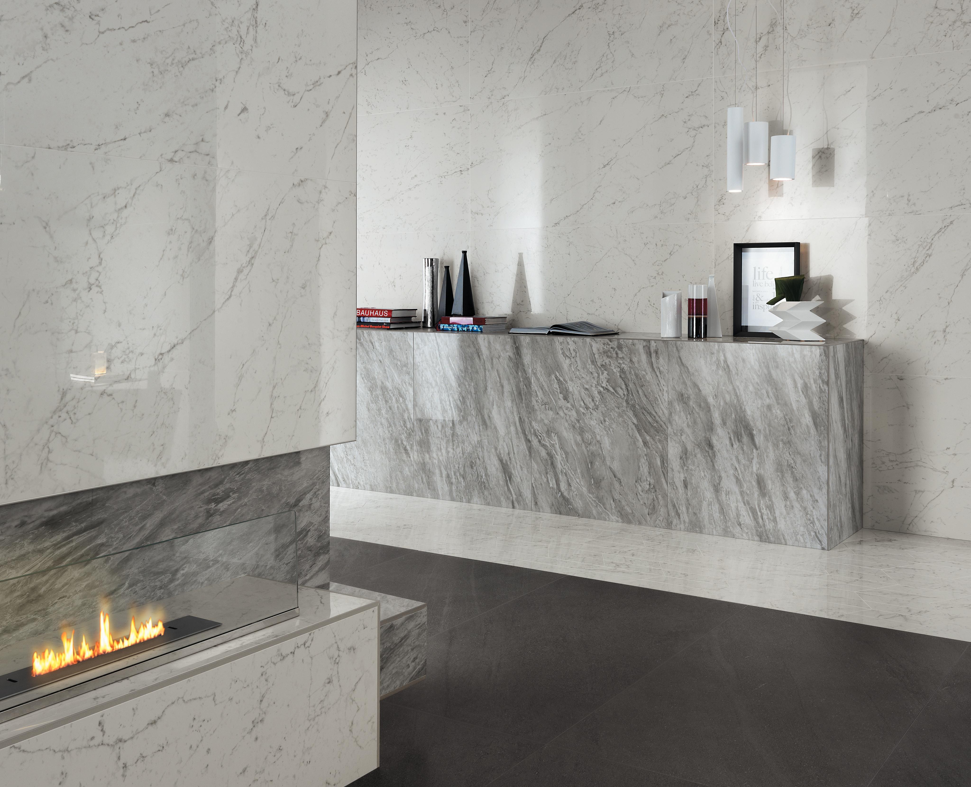 Marvel Carrara Pure Lappato, Marvel Bardiglio Grey Lappato, Marvel Basaltina Volcano, Marvel Carrara Pure Chevron Lappato