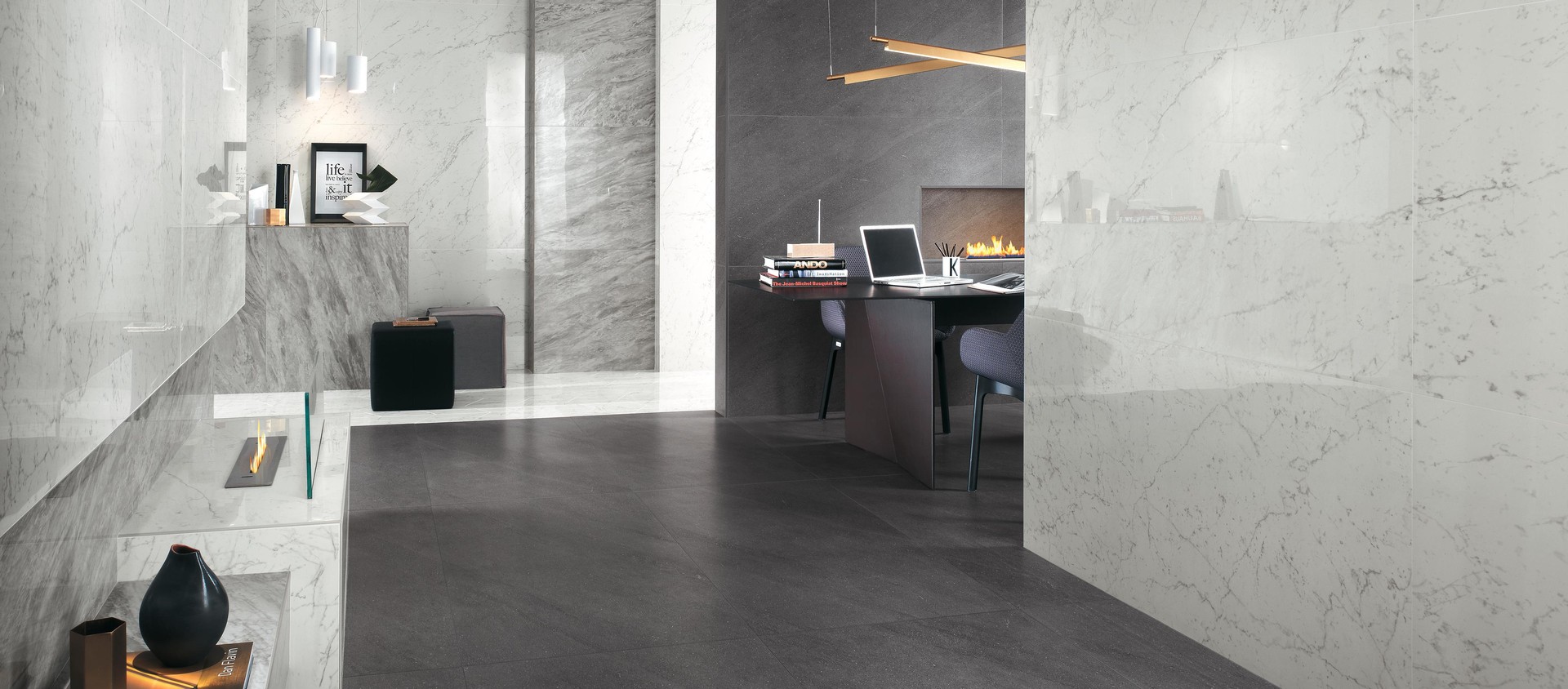 Marvel Carrara Pure Lappato, Marvel Bardiglio Grey Lappato, Marvel Basaltina Volcano, Marvel Carrara Pure Chevron Lappato