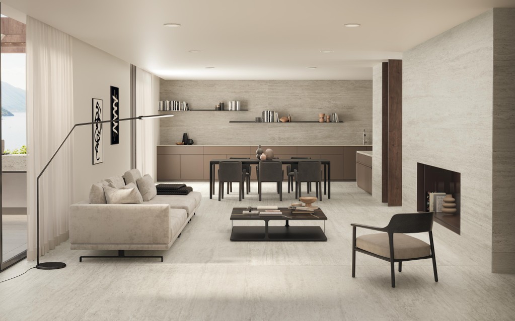 Piastrelle grande formato Soggiorno Effetto travertino Bianco