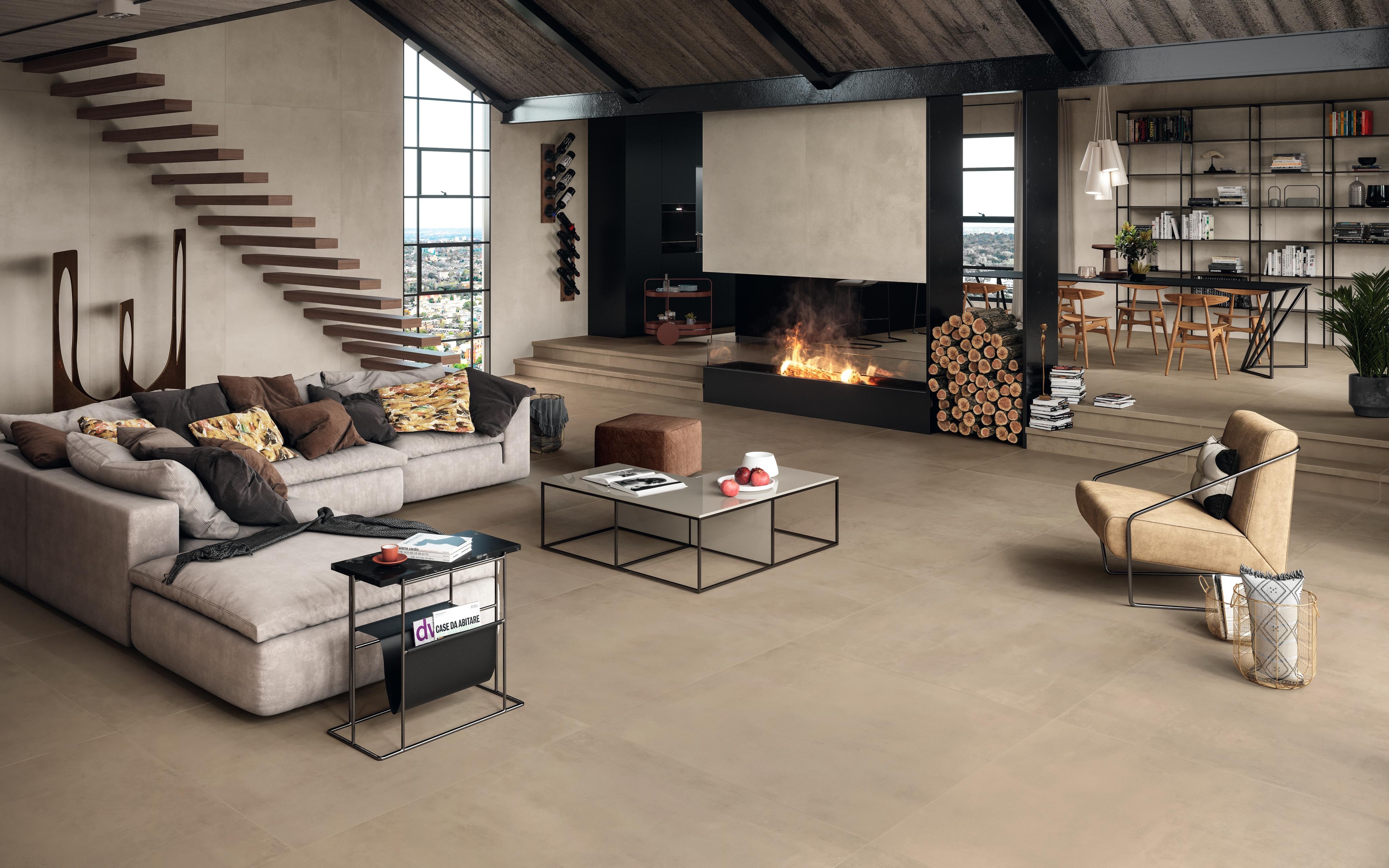 Piastrelle grande formato Soggiorno Effetto cemento Beige