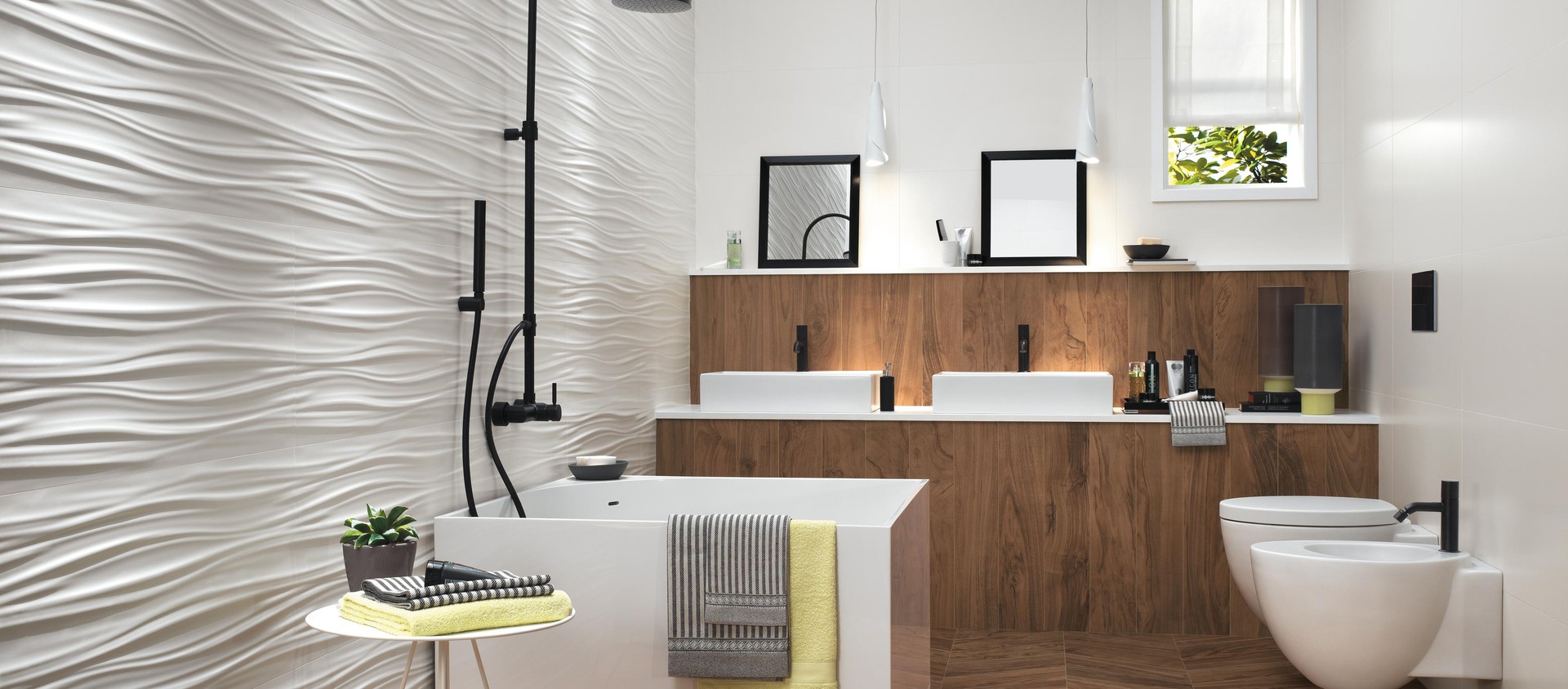 3D Wall Ribbon White MattEtic PRO Noce Hickory, Etic PRO Noce Hickory Chevron, 3D Solid White Matt