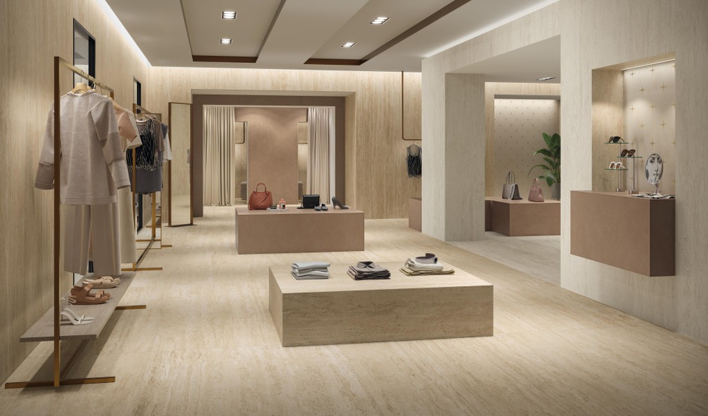 Piastrelle grande formato Showroom Effetto travertino Beige