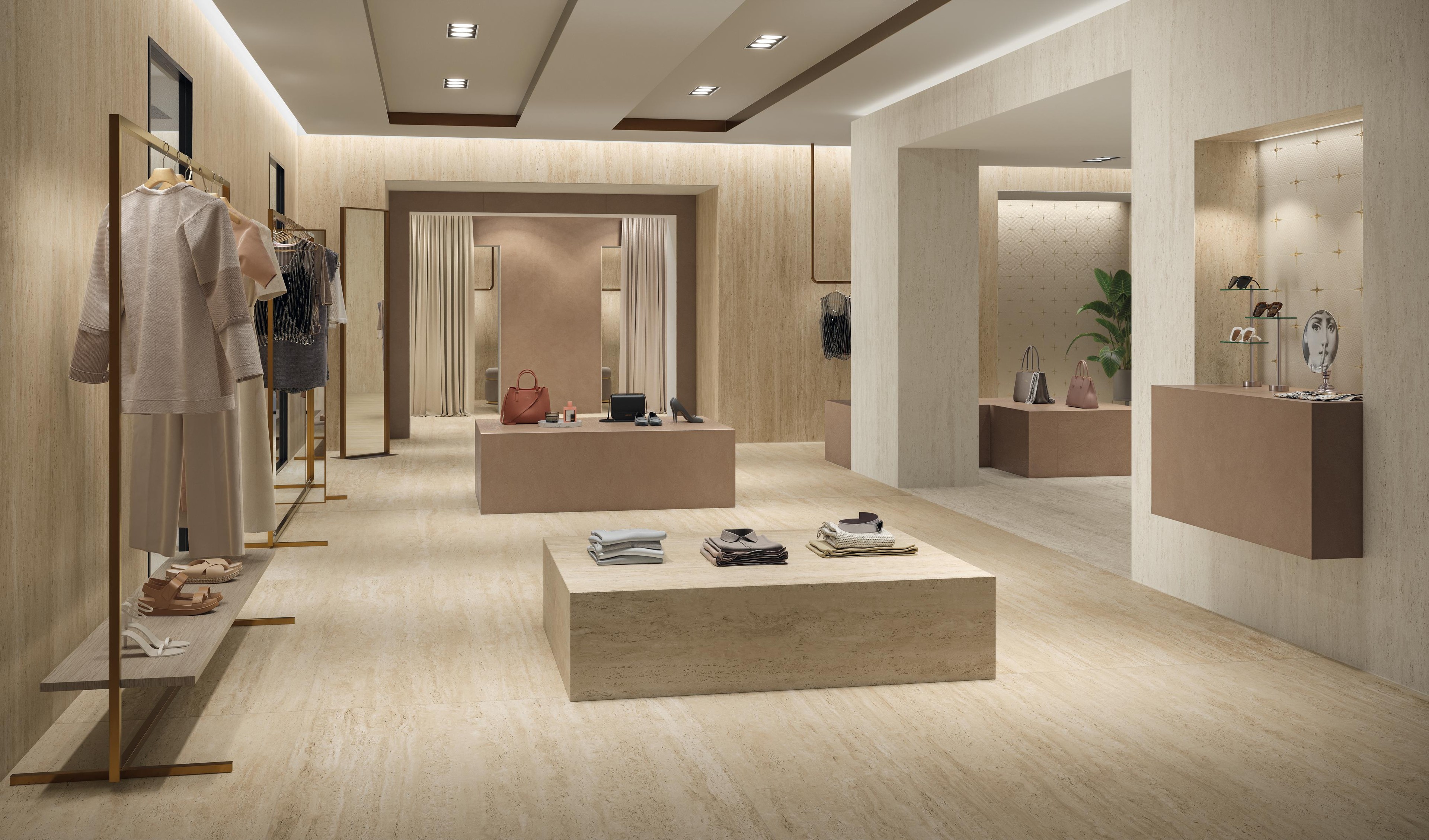 Piastrelle grande formato Showroom Effetto travertino Beige