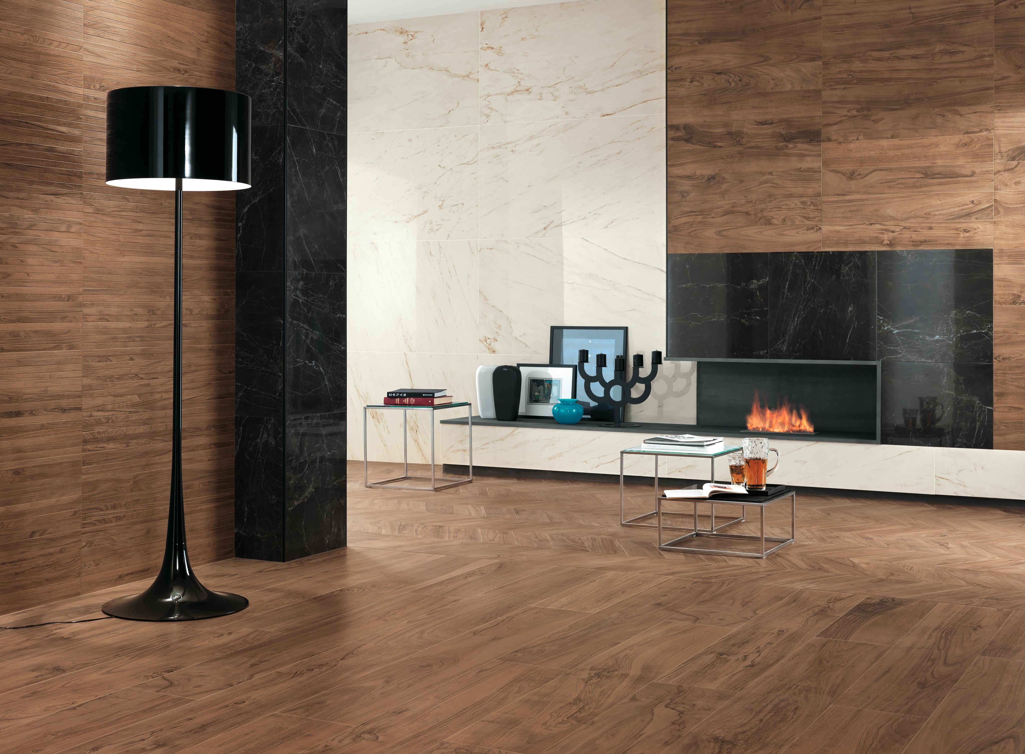 Wood effect porcelain tiles inspired by precious woods