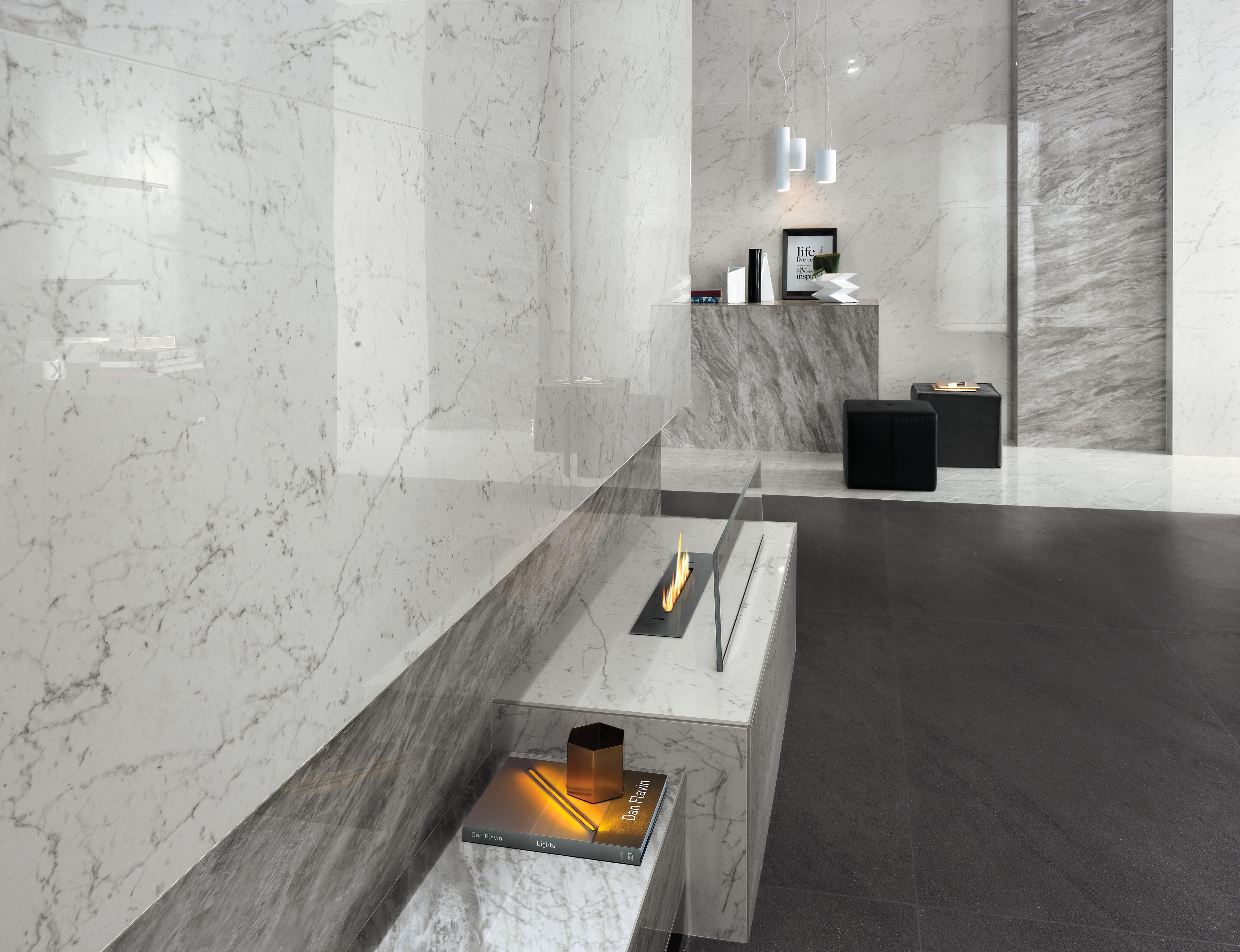 Marvel Carrara Pure Lappato, Marvel Bardiglio Grey Lappato, Marvel Basaltina Volcano, Marvel Carrara Pure Chevron Lappato