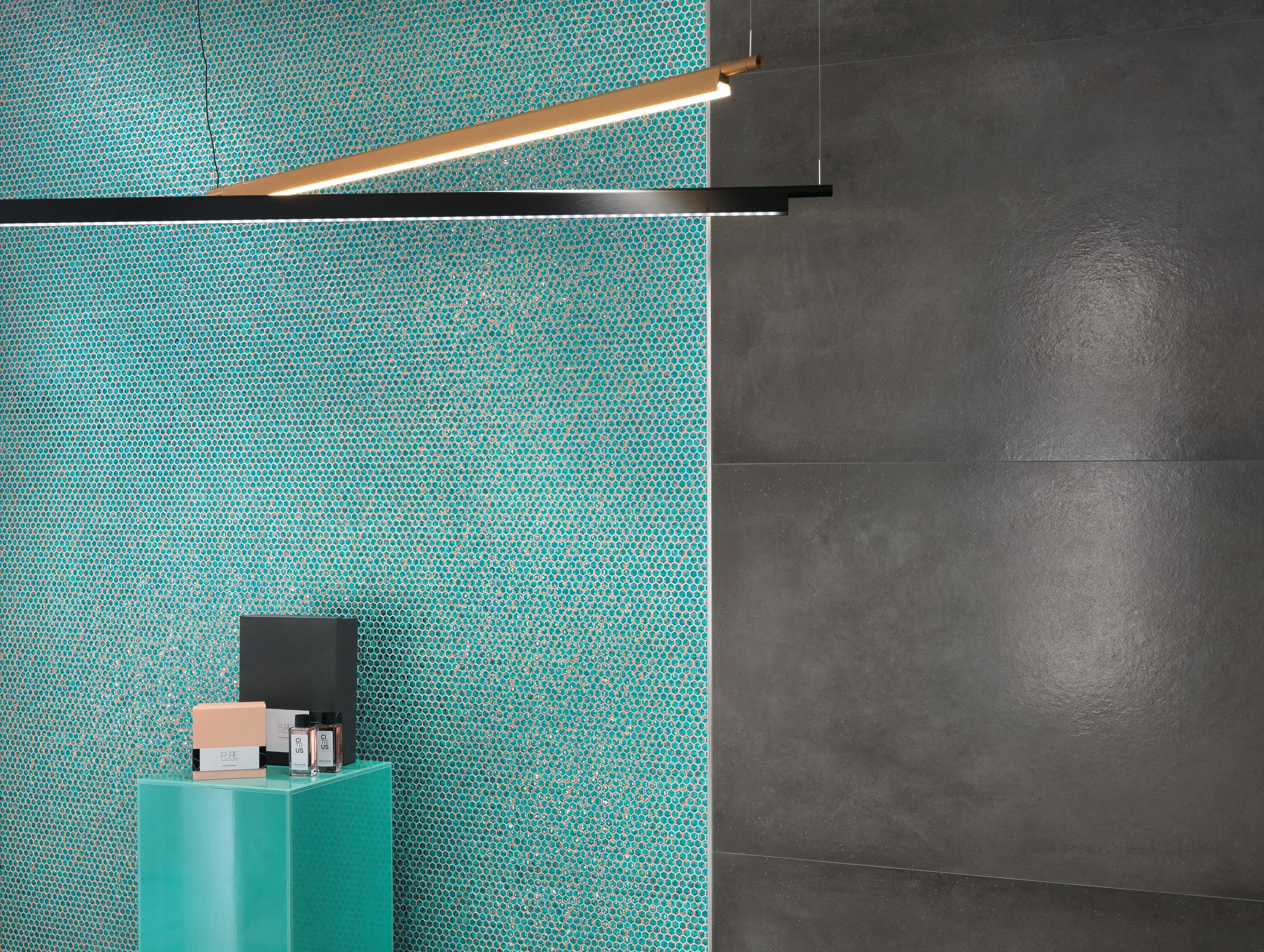 Dwell Turquoise Hexagon Gold, Dwell Smoke Honed