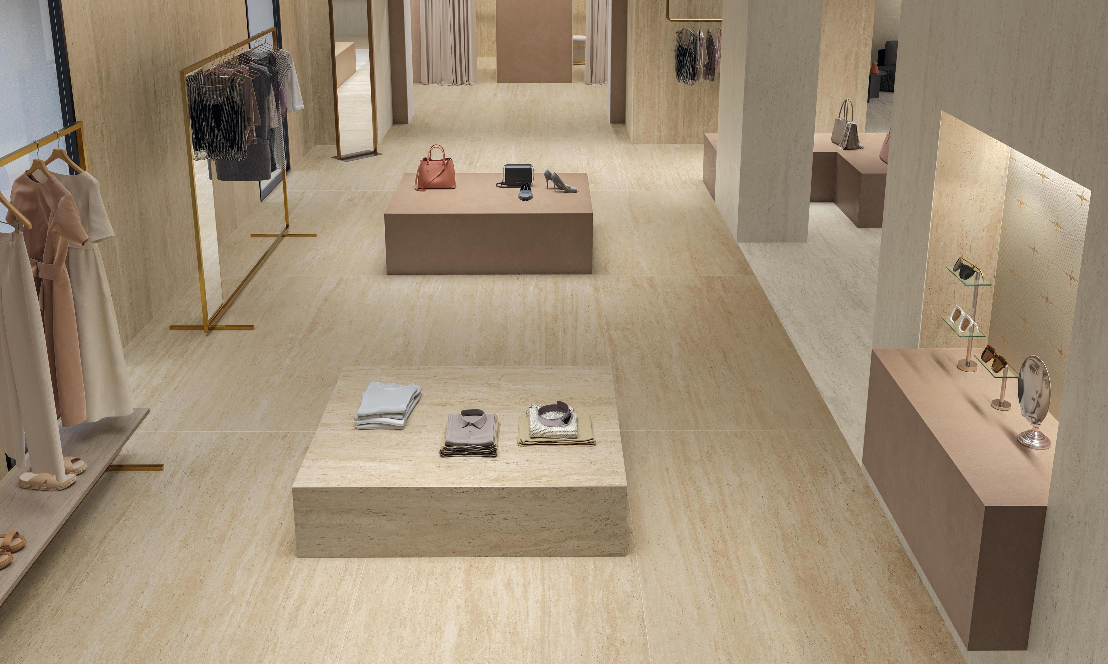 Piastrelle grande formato Showroom Effetto travertino Beige