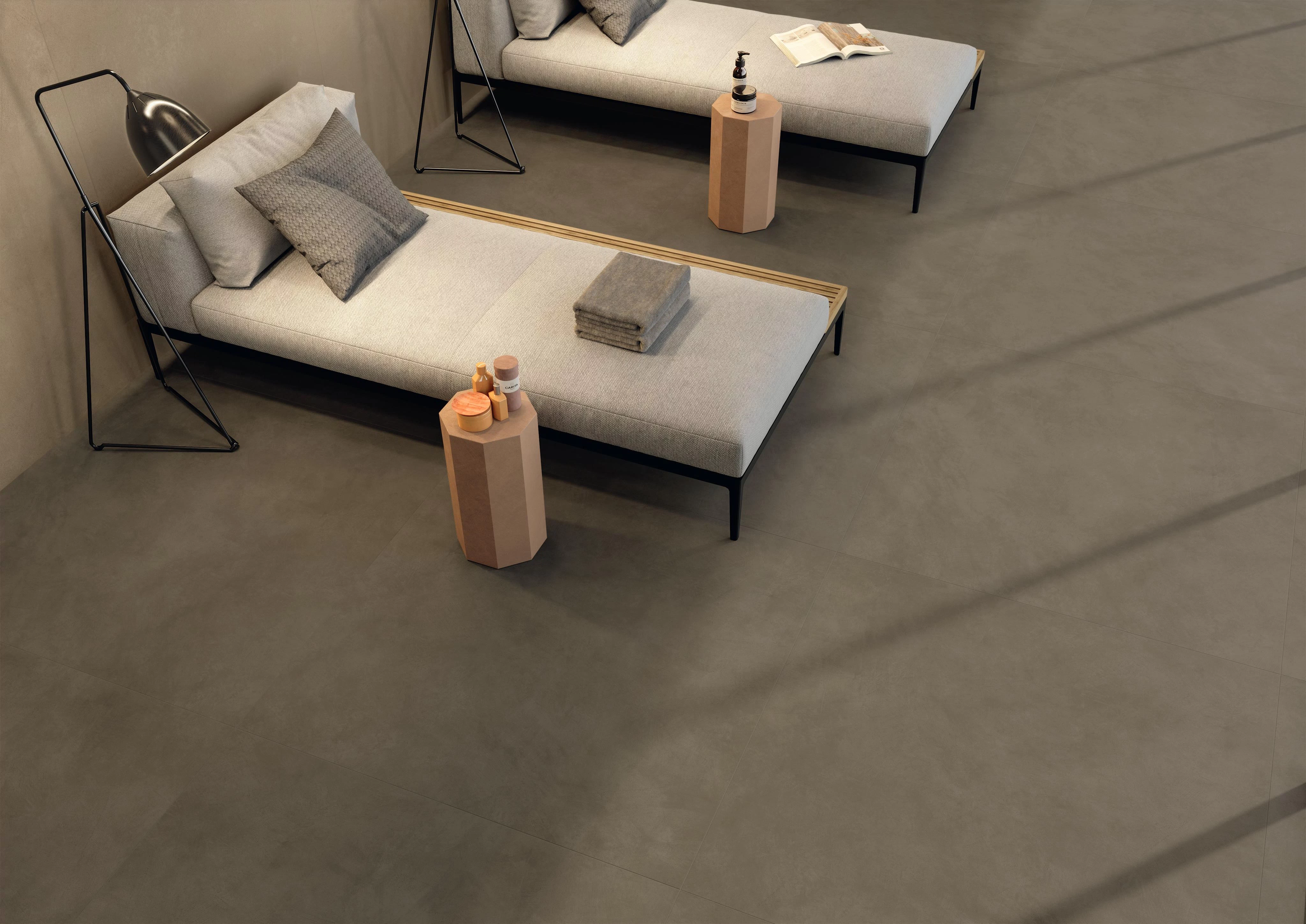 Concrete effect floor tiles