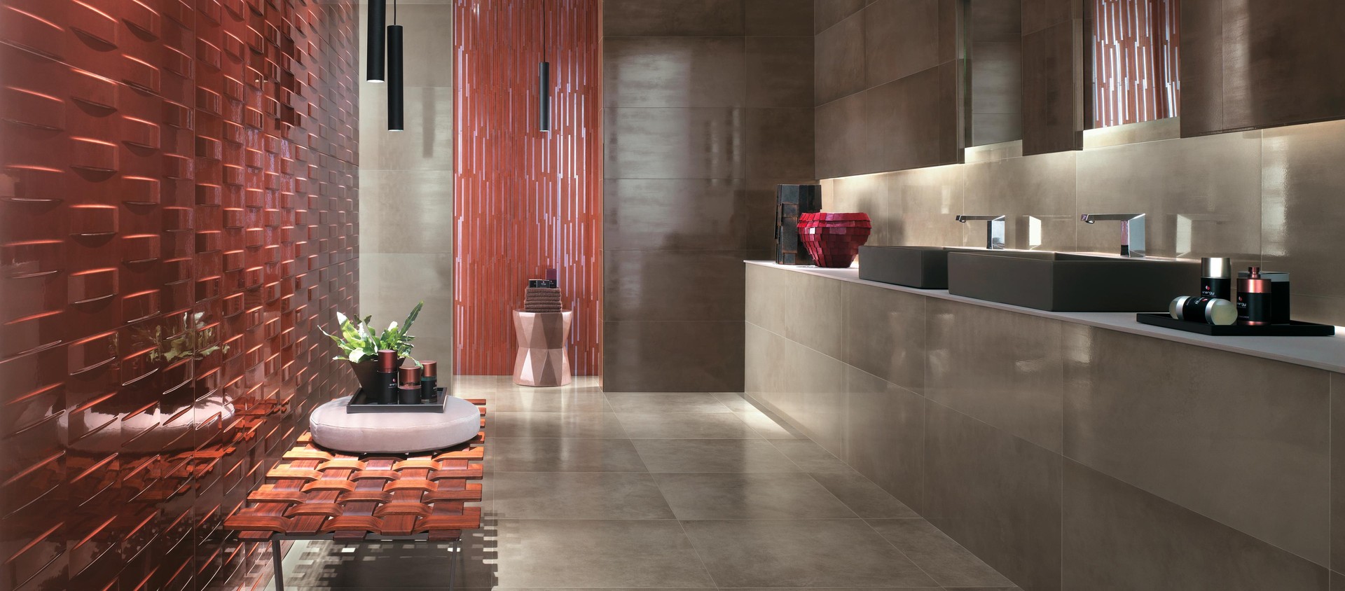 Dwell Brown Leather, Dwell Greige, Dwell 3D Grid Rust, Dwell Rust Mosaico L, Dwell Greige Honed