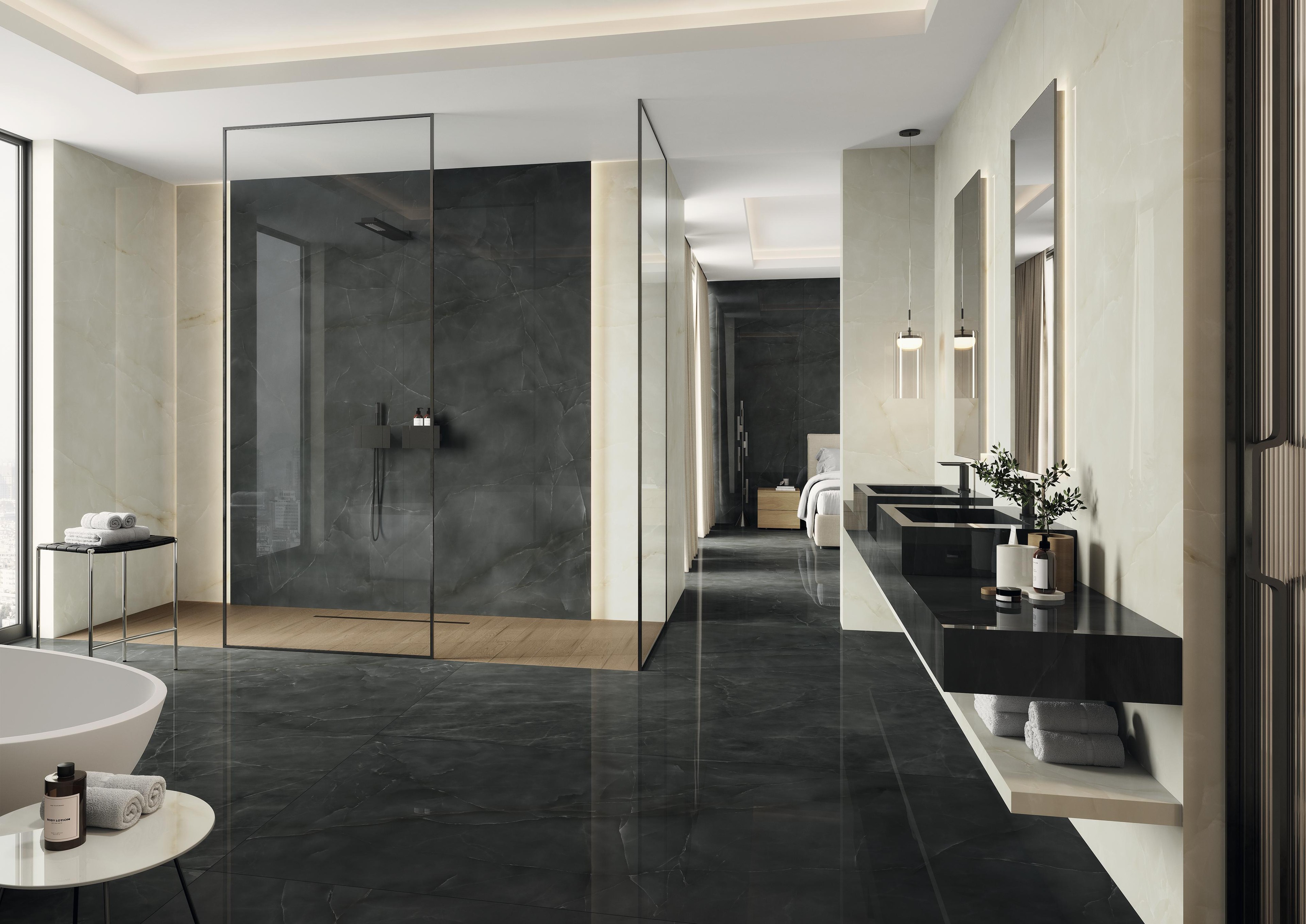 Piastrelle grande formato Bagno Effetto onice Nero